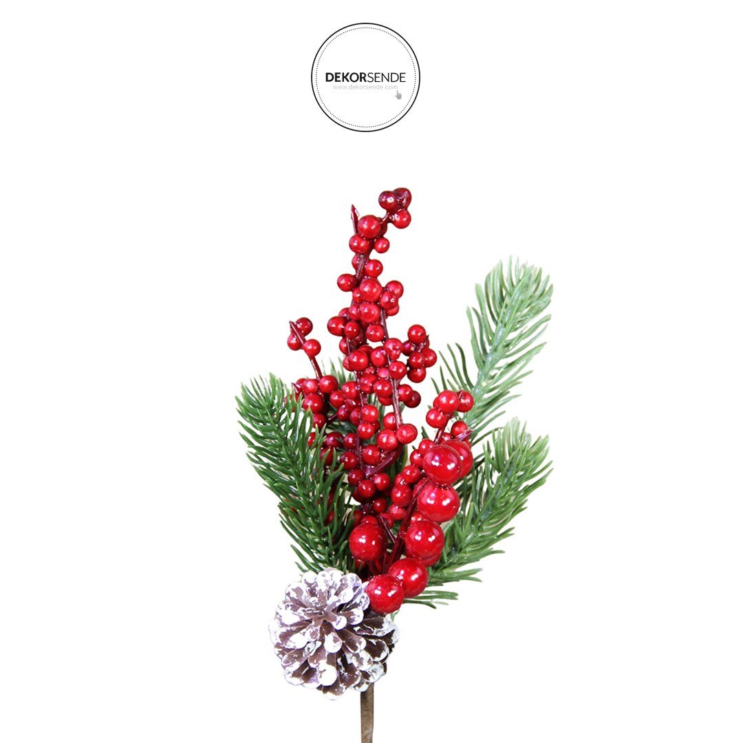 Yılbaşı Süsü Dal Berry Kozalaklı Kırmızı Yeşil 25 cm - Yılbaşı Yapay Çiçekleri