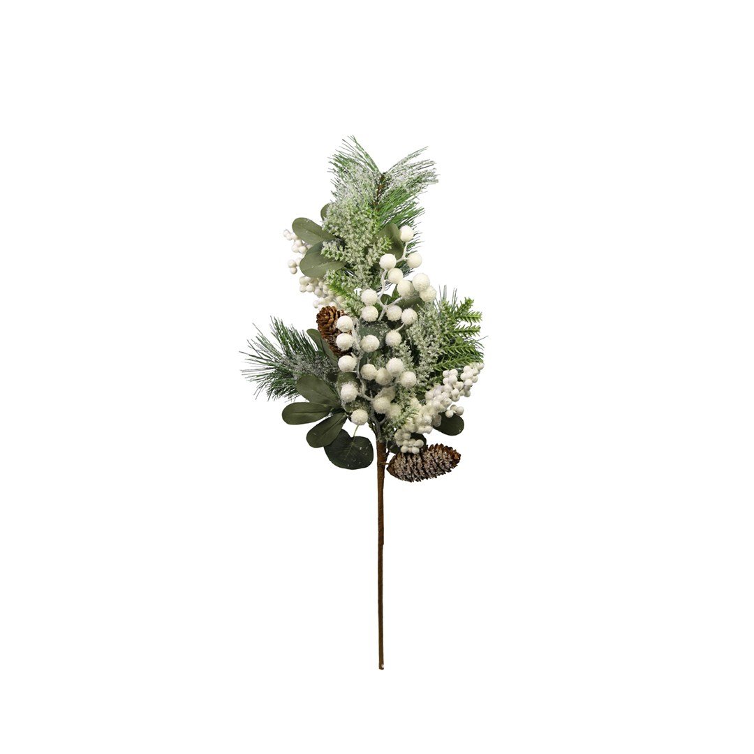 Yılbaşı Süsü Dal Berry Kozalaklı Yeşil Beyaz 35 cm - Yılbaşı Aksesuarları