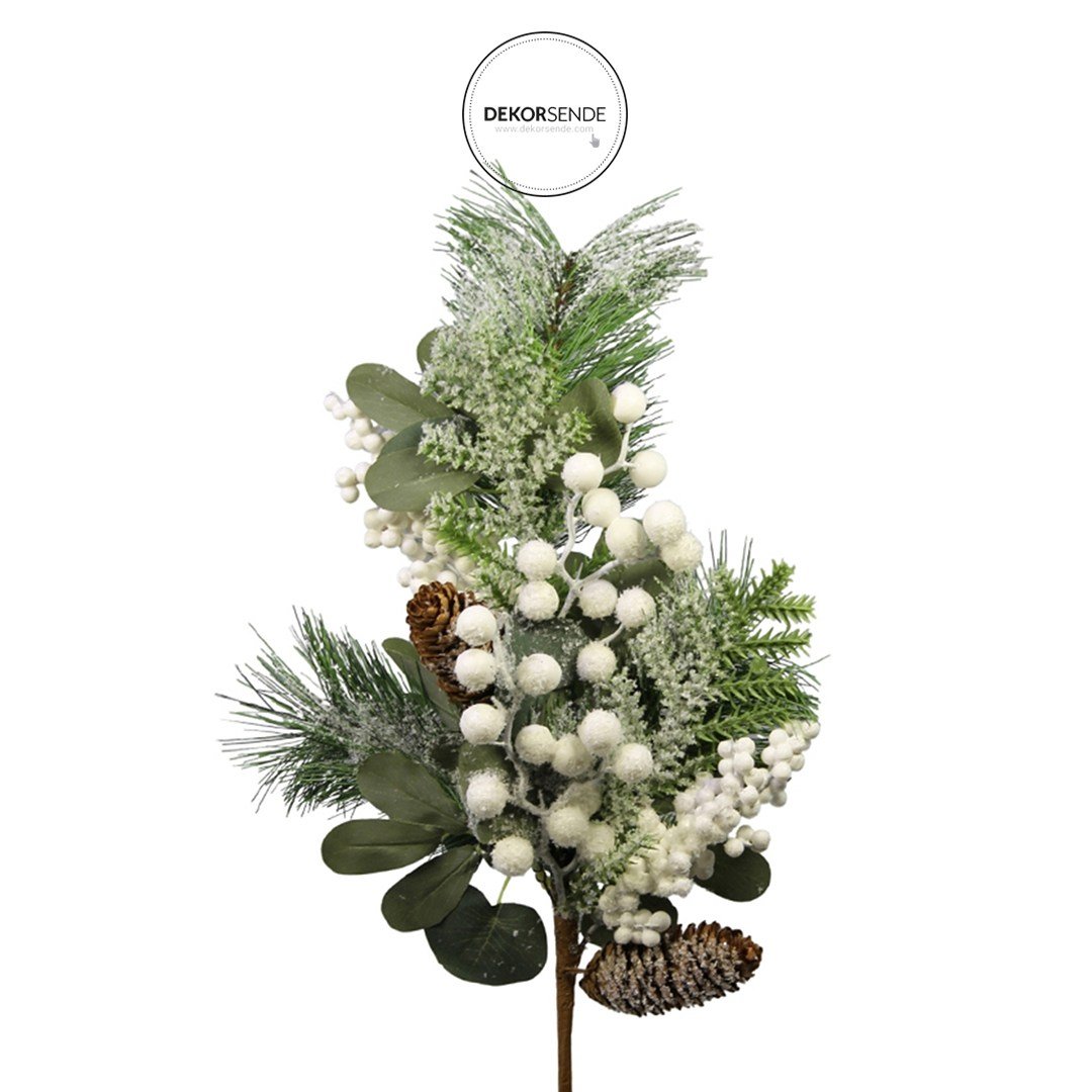 Yılbaşı Süsü Dal Berry Kozalaklı Yeşil Beyaz 35 cm - Yılbaşı Aksesuarları