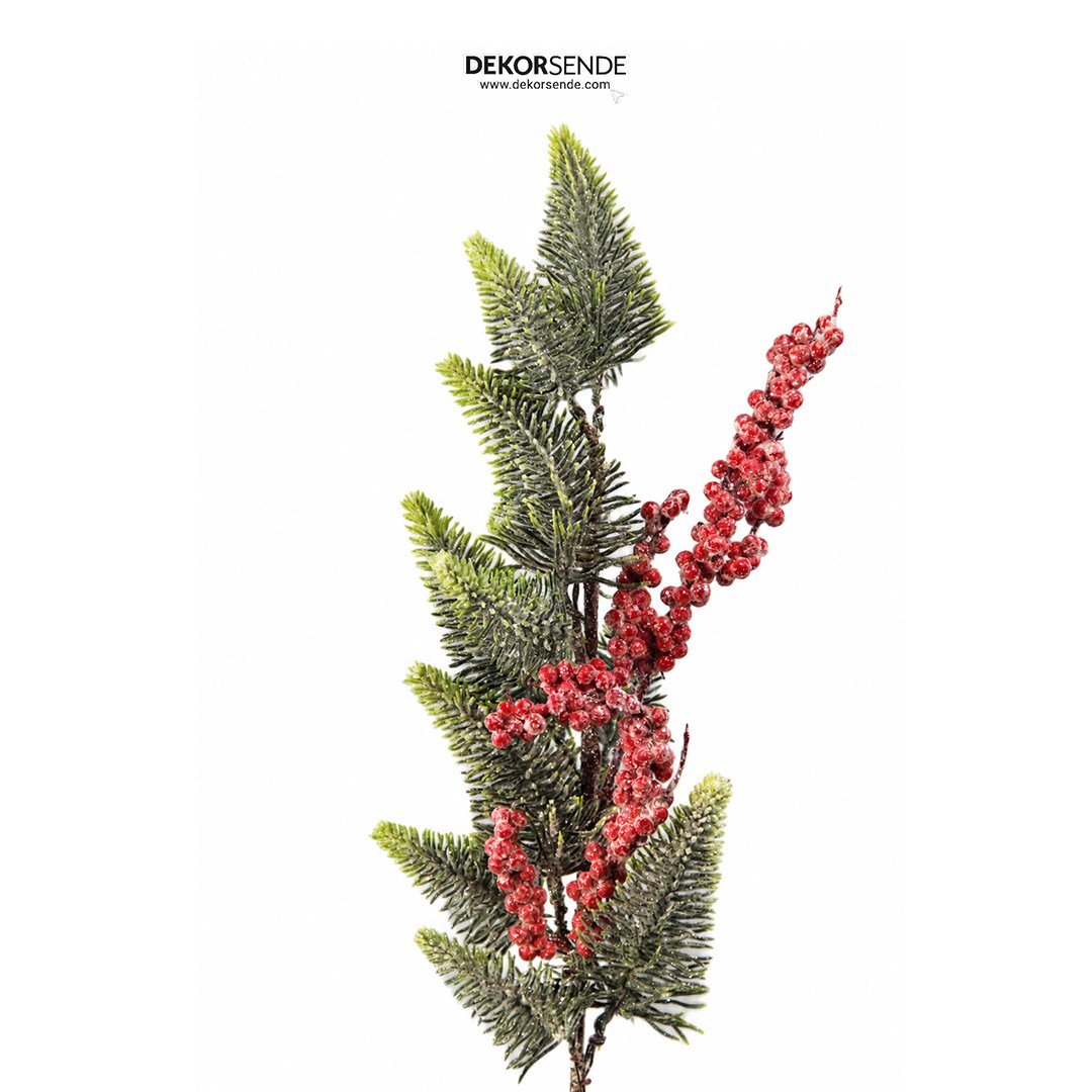 Yılbaşı Süsü Dal Berryli Çam Yeşil Kırmızı 68 cm - Yılbaşı Yapay Çiçekleri