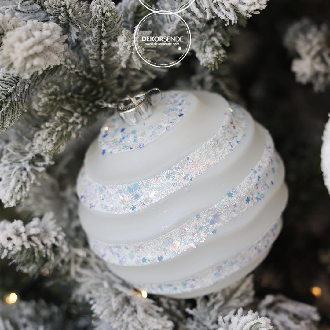 Yılbaşı Süsü Dalgalı Şeritli Candy Top Beyaz 15 cm - Yılbaşı Topları