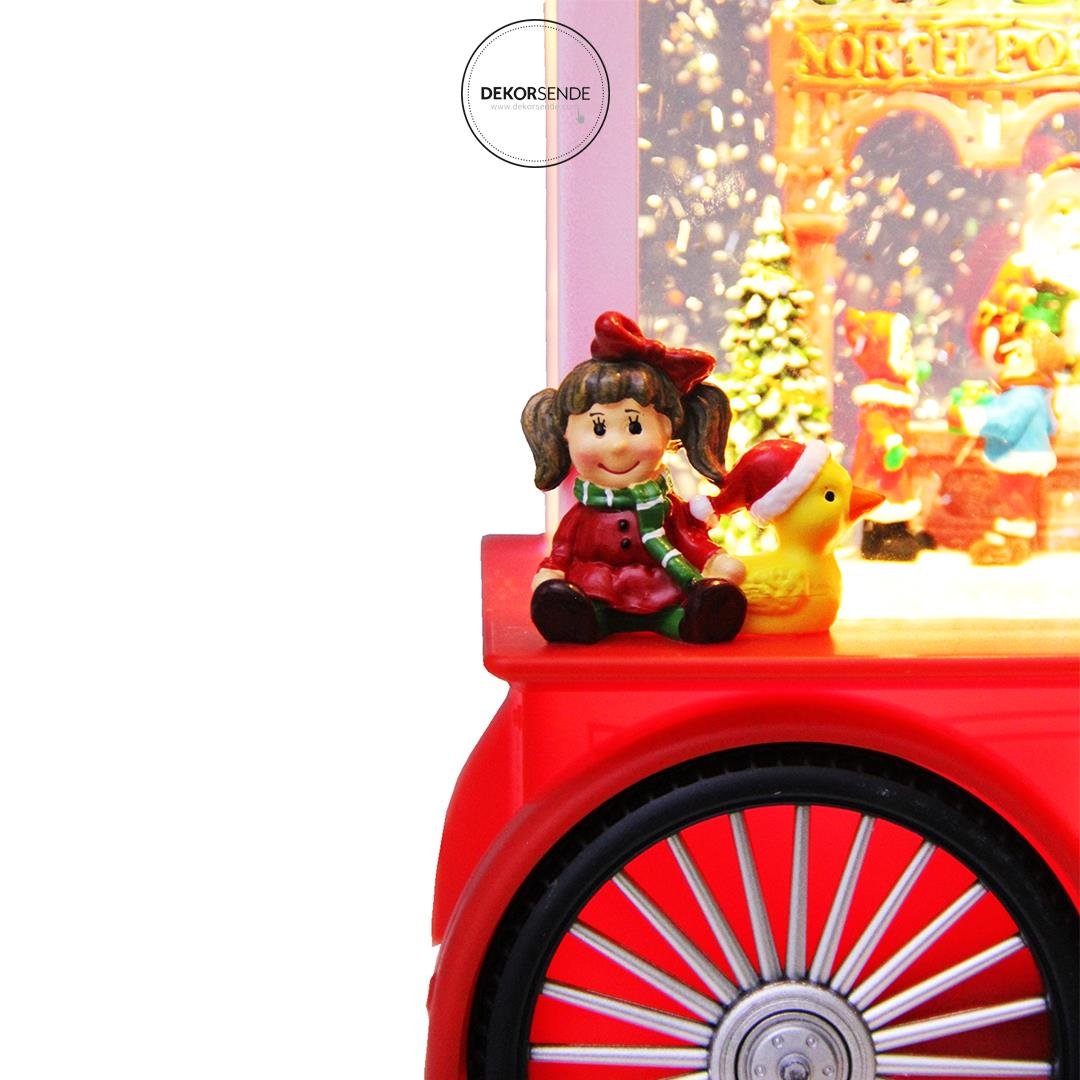 Yılbaşı Süsü Işıklı Noel Baba Arabası Kar Küresi Kırmızı 25 cm - Yılbaşı Aksesuarları