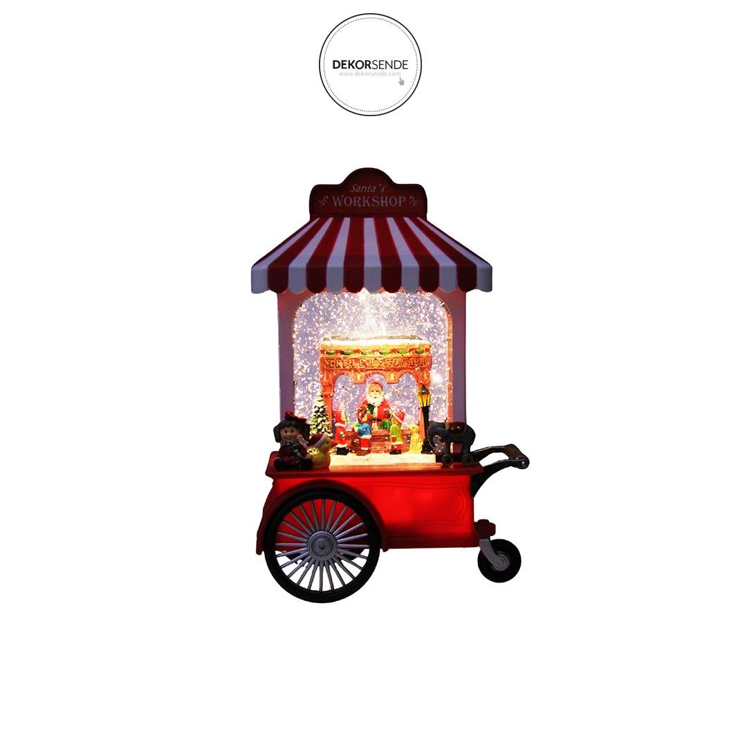 Yılbaşı Süsü Işıklı Noel Baba Arabası Kar Küresi Kırmızı 25 cm - Yılbaşı Aksesuarları