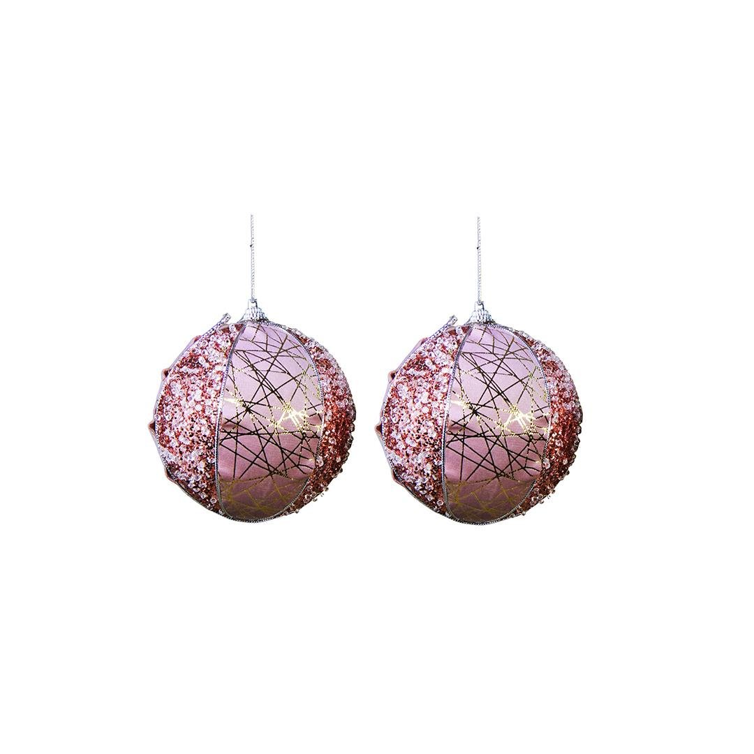 Yılbaşı Süsü Işıltılı Çizgili 2'li Top Pembe 10 cm - Yılbaşı Topları