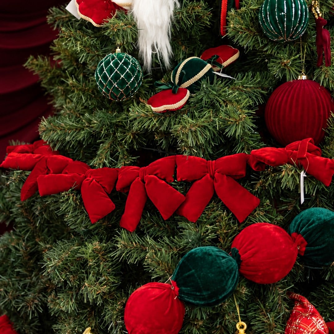 Yılbaşı Süsü Kadife Çoklu Fiyonk Garland Kırmızı 120 cm - Çam Ağacı ve Garland