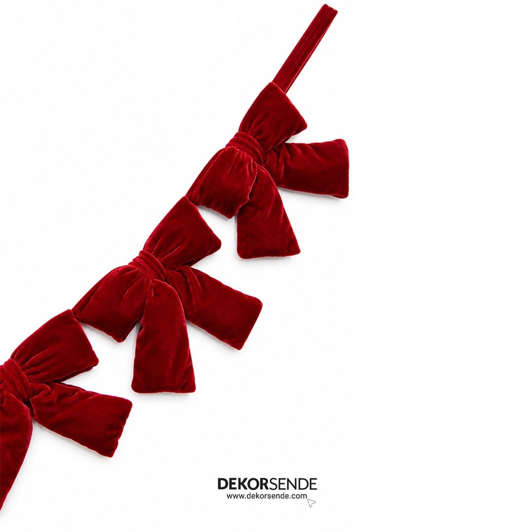 Yılbaşı Süsü Kadife Çoklu Fiyonk Garland Kırmızı 120 cm - Çam Ağacı ve Garland