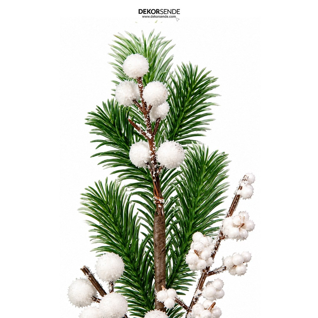 Yılbaşı Süsü Karlı Berry ve Kozalaklı İğne Çam Dalı Beyaz 40 cm - Yılbaşı Yapay Çiçekleri