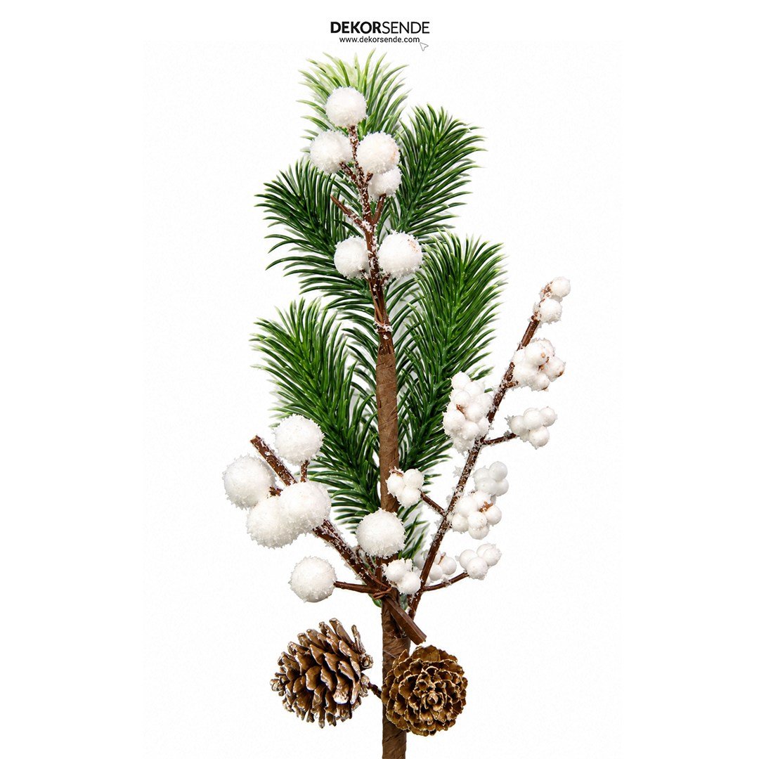 Yılbaşı Süsü Karlı Berry ve Kozalaklı İğne Çam Dalı Beyaz 40 cm - Yılbaşı Yapay Çiçekleri