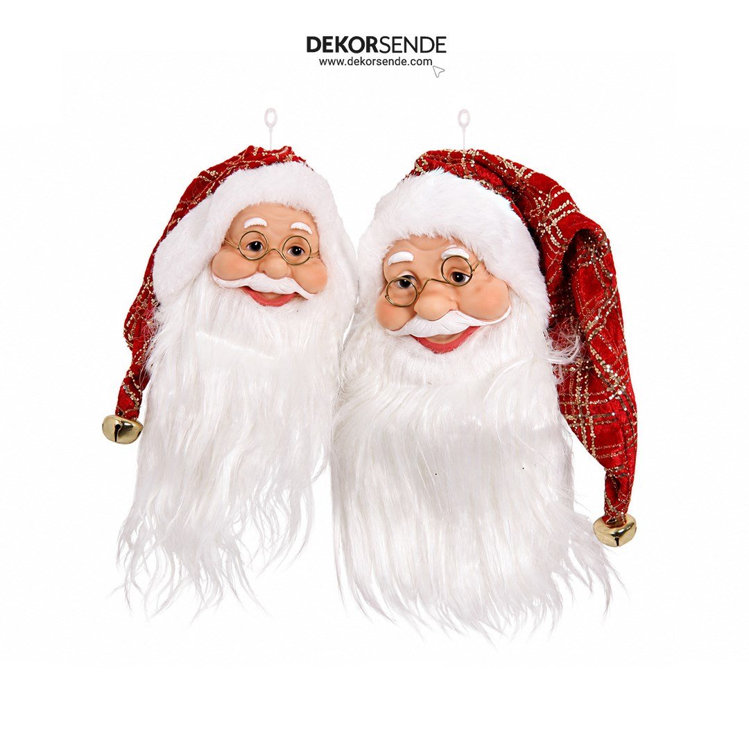 Yılbaşı Süsü Mini Ekoseli Kürk Detaylı Noel Baba Kafası Kırmızı-Altın 25 cm - Kategorisiz