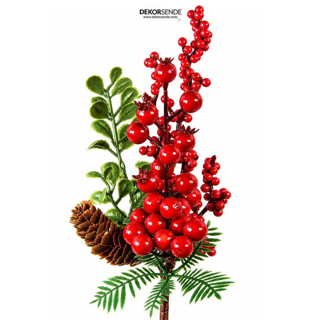 Yılbaşı Süsü Narlı, Berry ve Kozalaklı Pike Kırmızı 33 cm - Yılbaşı Yapay Çiçekleri