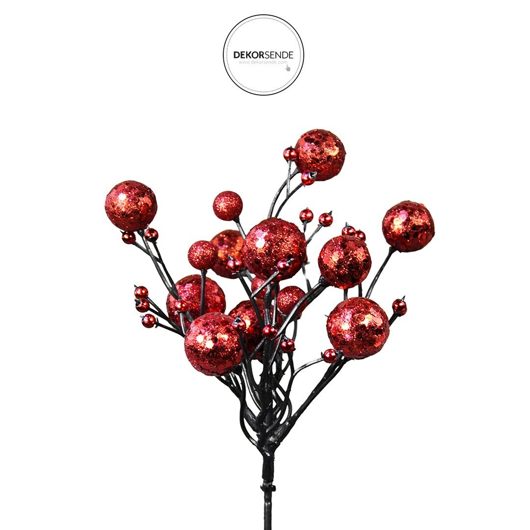 Yılbaşı Süsü Pike Berry Simli Pullu Mini Kırmızı 20 cm - Yılbaşı Yapay Çiçekleri