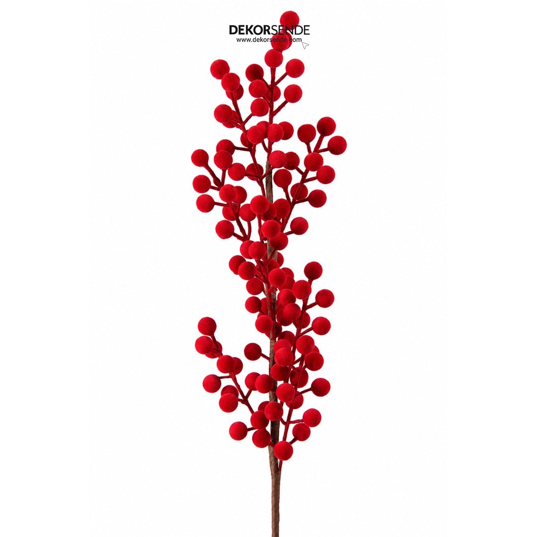 Yılbaşı Süsü Pike Dal Berry Büyük Floklu Kırmızı 75 cm - Yılbaşı Yapay Çiçekleri