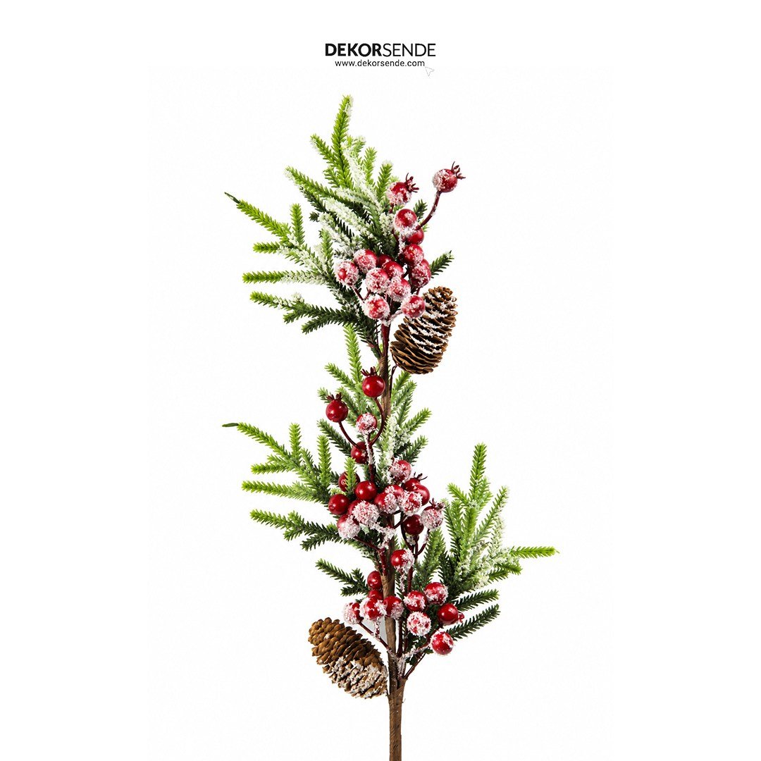 Yılbaşı Süsü Pike Dal Berry Tırtıklı Karlı Kırmızı Yeşil 65 cm - Yılbaşı Yapay Çiçekleri