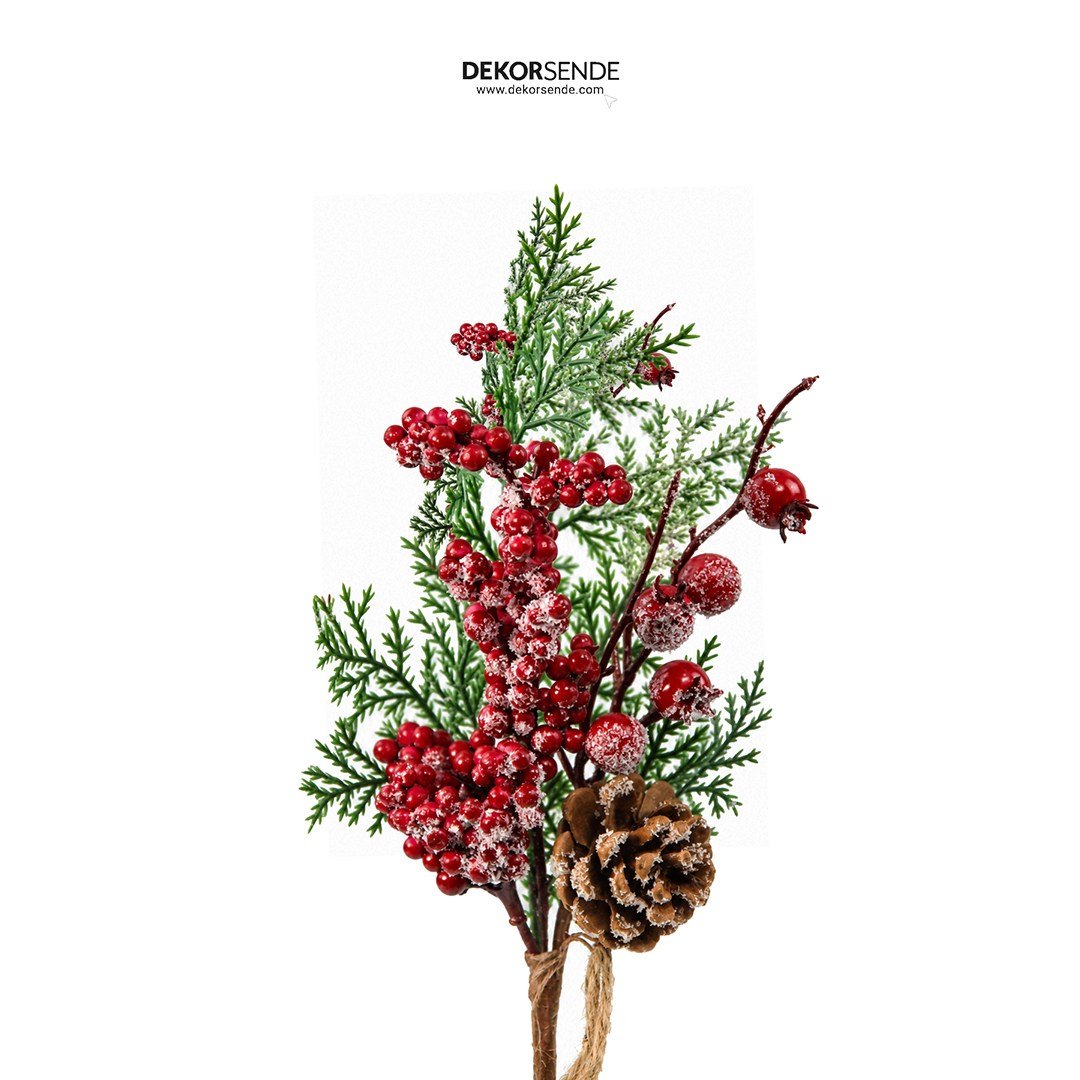 Yılbaşı Süsü Pike Dal Mini Berry Karlı Kırmızı 30 cm - Yılbaşı Yapay Çiçekleri
