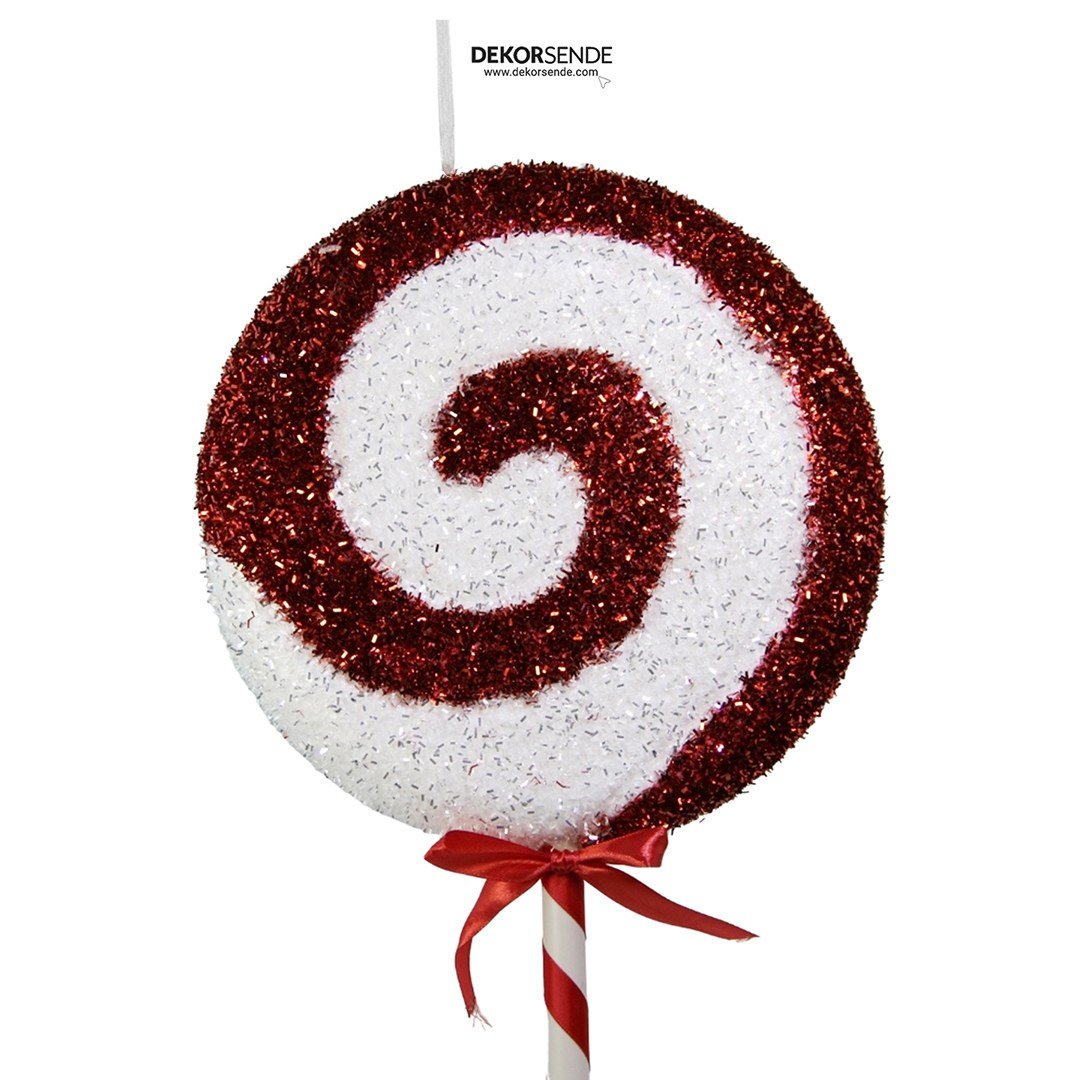 Yılbaşı Süsü Şeker Lolipop Dal Simli Dönence Kırmızı Beyaz 54 cm - Yılbaşı Aksesuarları