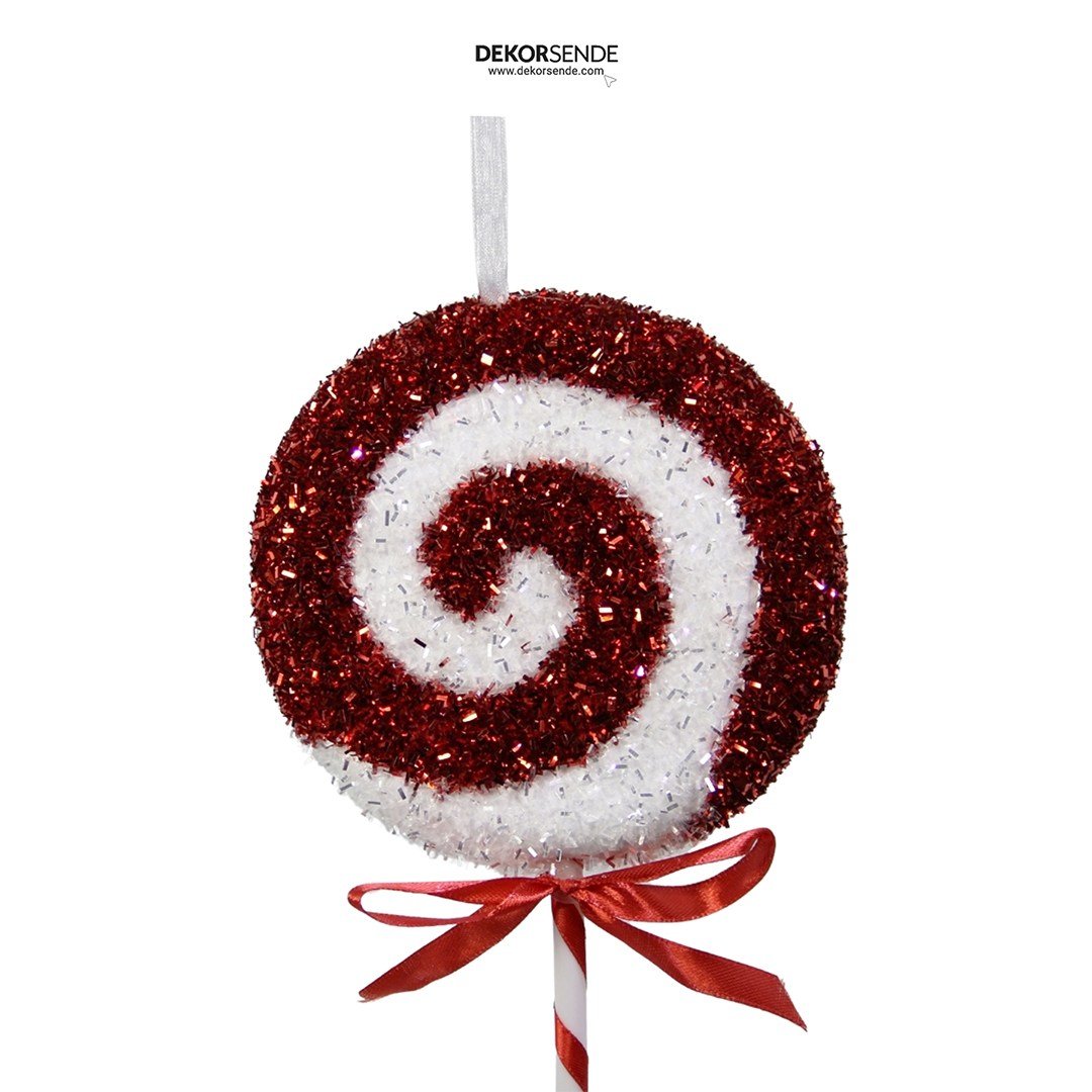 Yılbaşı Süsü Şeker Lolipop Dal Simli Dönence Kırmızı Beyaz 40 cm - Yılbaşı Aksesuarları
