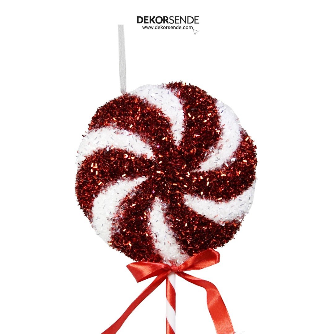 Yılbaşı Süsü Şeker Lolipop Dal Simli Spiral Kırmızı Beyaz 40 cm - Yılbaşı Aksesuarları