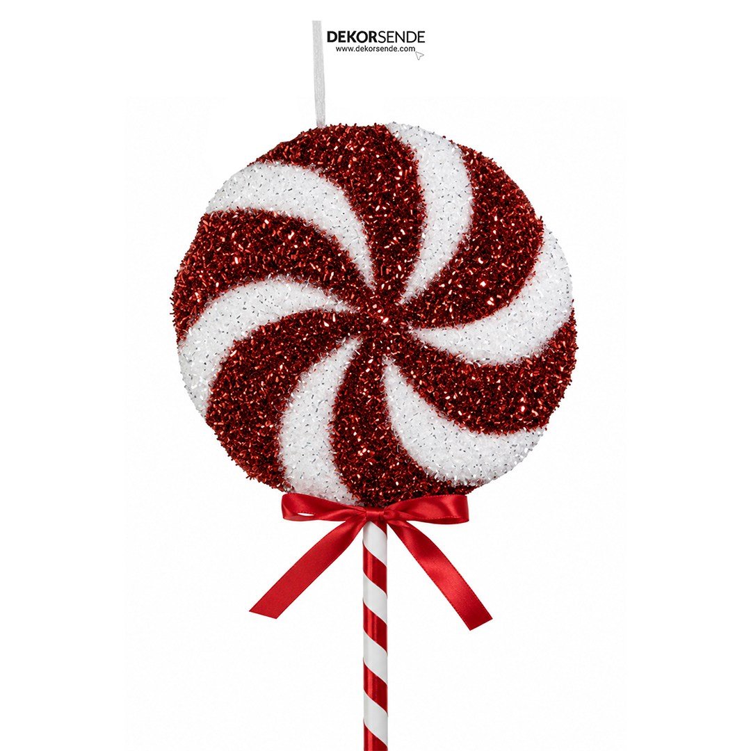Yılbaşı Süsü Şeker Lolipop Dal Simli Spiral Kırmızı Beyaz 54 cm - Yılbaşı Aksesuarları