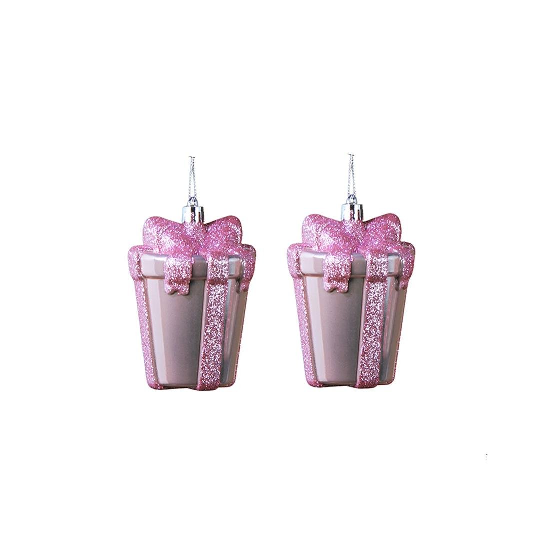Yılbaşı Süsü Simli Parlak Hediye Paketi 2'li Pembe 10 cm - Ağaç Süsleri