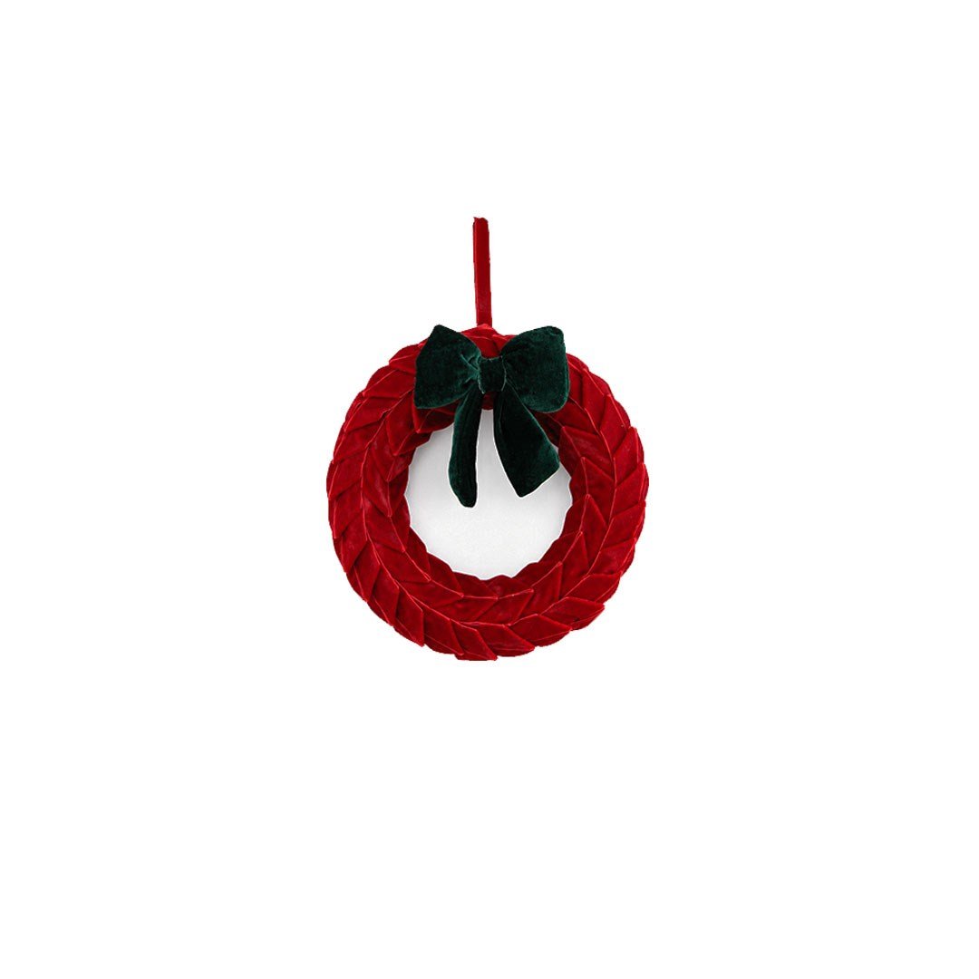 Yılbaşı Yeşil Fiyonklu Kadife Örgü Çember / Çelenk Süs Kırmızı 22 cm - Kategorisiz
