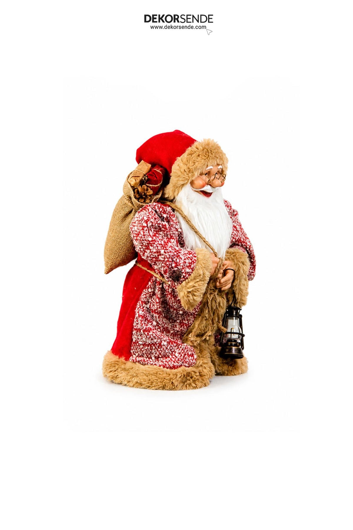 Yılbaşı Yün Örme Cübbeli ve Peluşlu Ayakta Noel Baba Figürü Kırmızı 60 cm - Kategorisiz
