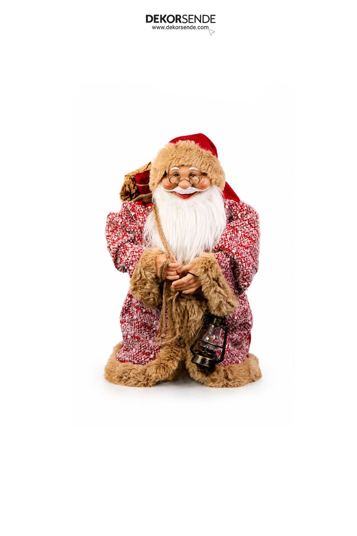 Yılbaşı Yün Örme Cübbeli ve Peluşlu Ayakta Noel Baba Figürü Kırmızı 60 cm - Kategorisiz