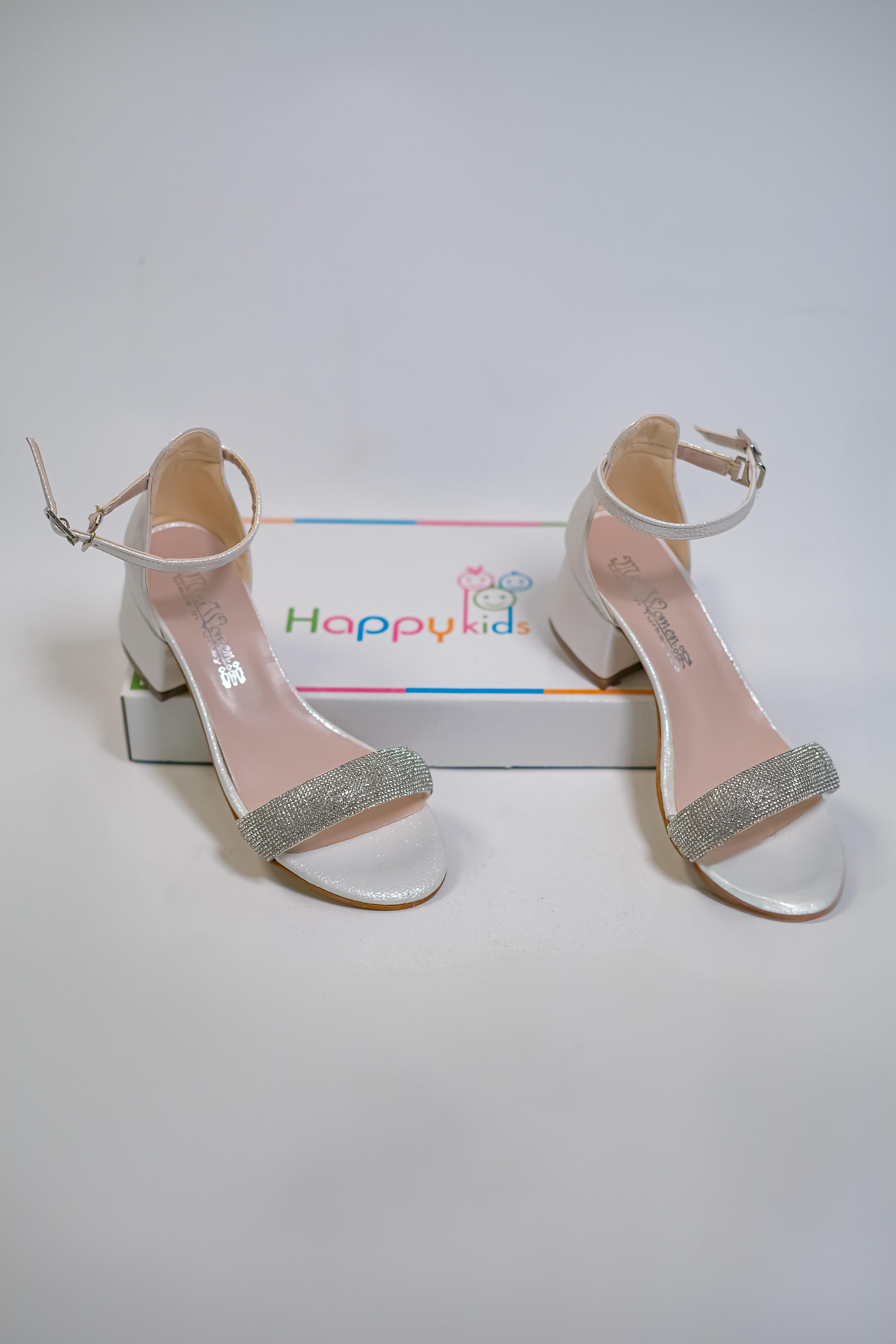 Kız Çocuk Abiye Ayakkabı Krem Sedef Rugan Tek Bantlı Taşlı Mezüniyet-Düğün Topuklu Çocuk Abiye Ayakkabı