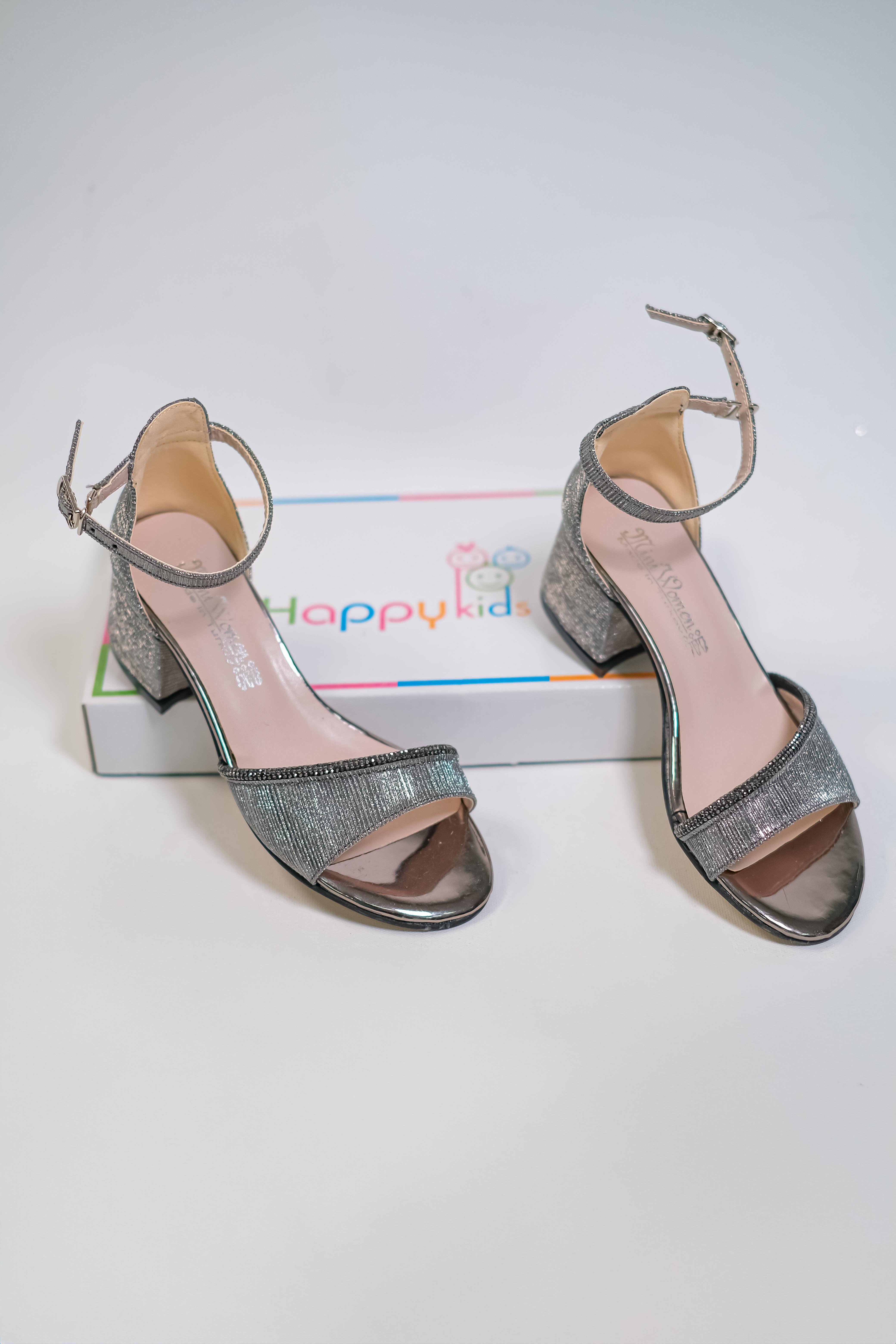 Kız Çocuk Abiye Ayakkabı  Çizgili SuTaşlı Platin Mezüniyet-Düğün Topuklu ÇocukAbiye Ayakkabı