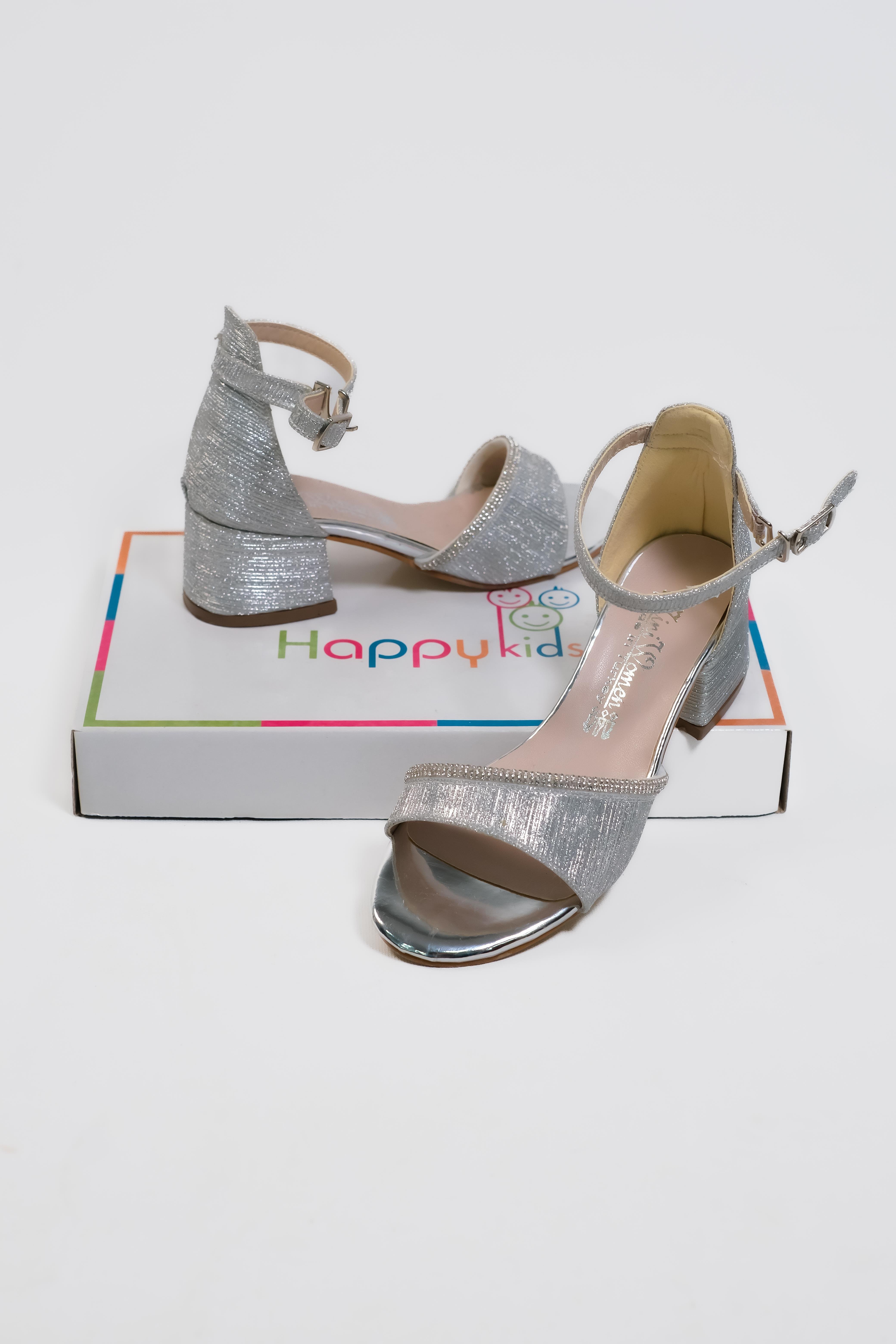 Kız Çocuk Abiye Ayakkabı  Çizgili SuTaşlı Gümüş Mezüniyet-Düğün Topuklu ÇocukAbiye Ayakkabı