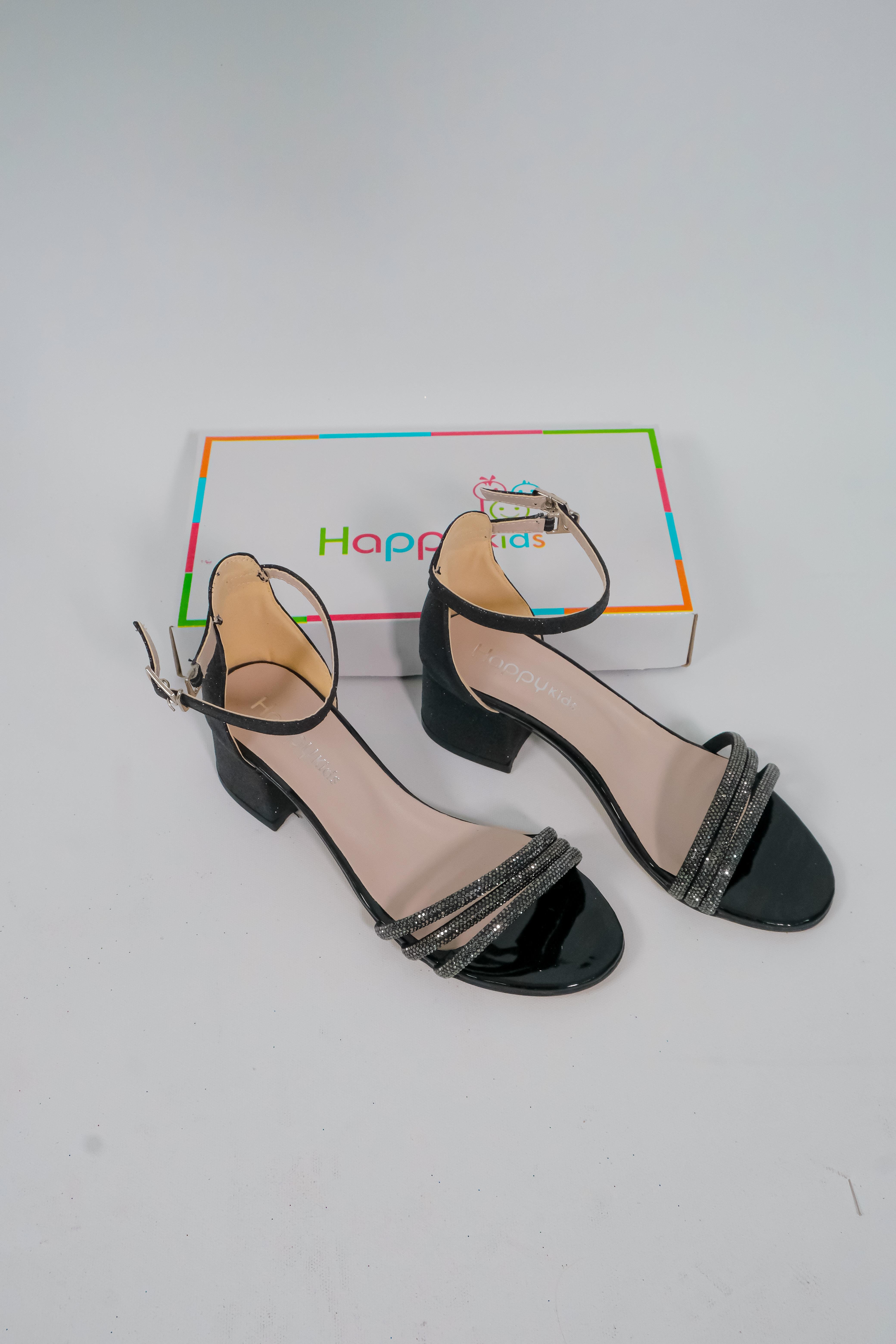 Kız Çocuk Abiye Ayakkabı Siyah Taşlı 3 Bantlı Mezüniyet-Düğün Topuklu Kız Çocuk Abiye Ayakkabı 