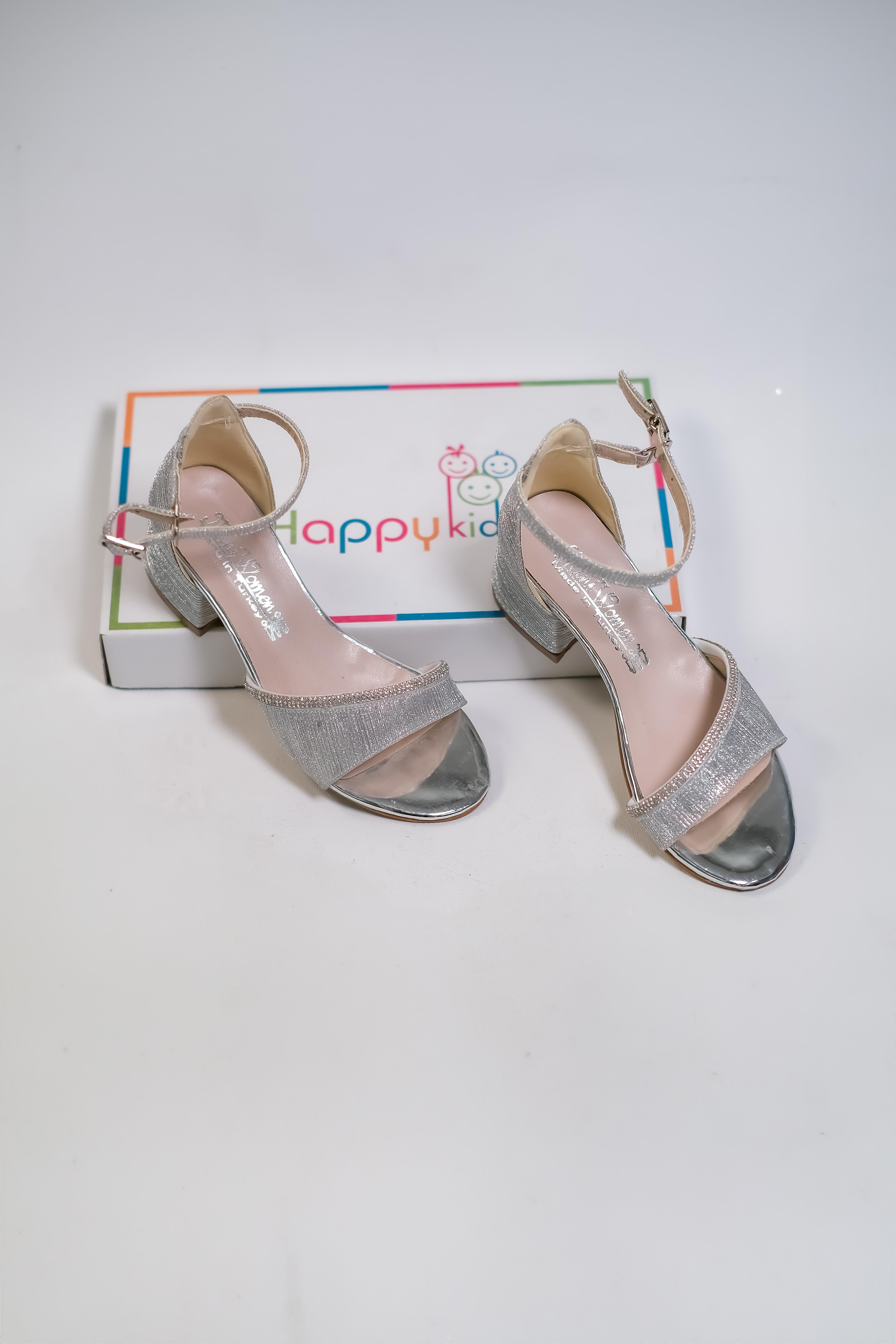 Kız Çocuk Abiye Ayakkabı  Çizgili SuTaşlı Gümüş Mezüniyet-Düğün Topuklu ÇocukAbiye Ayakkabı