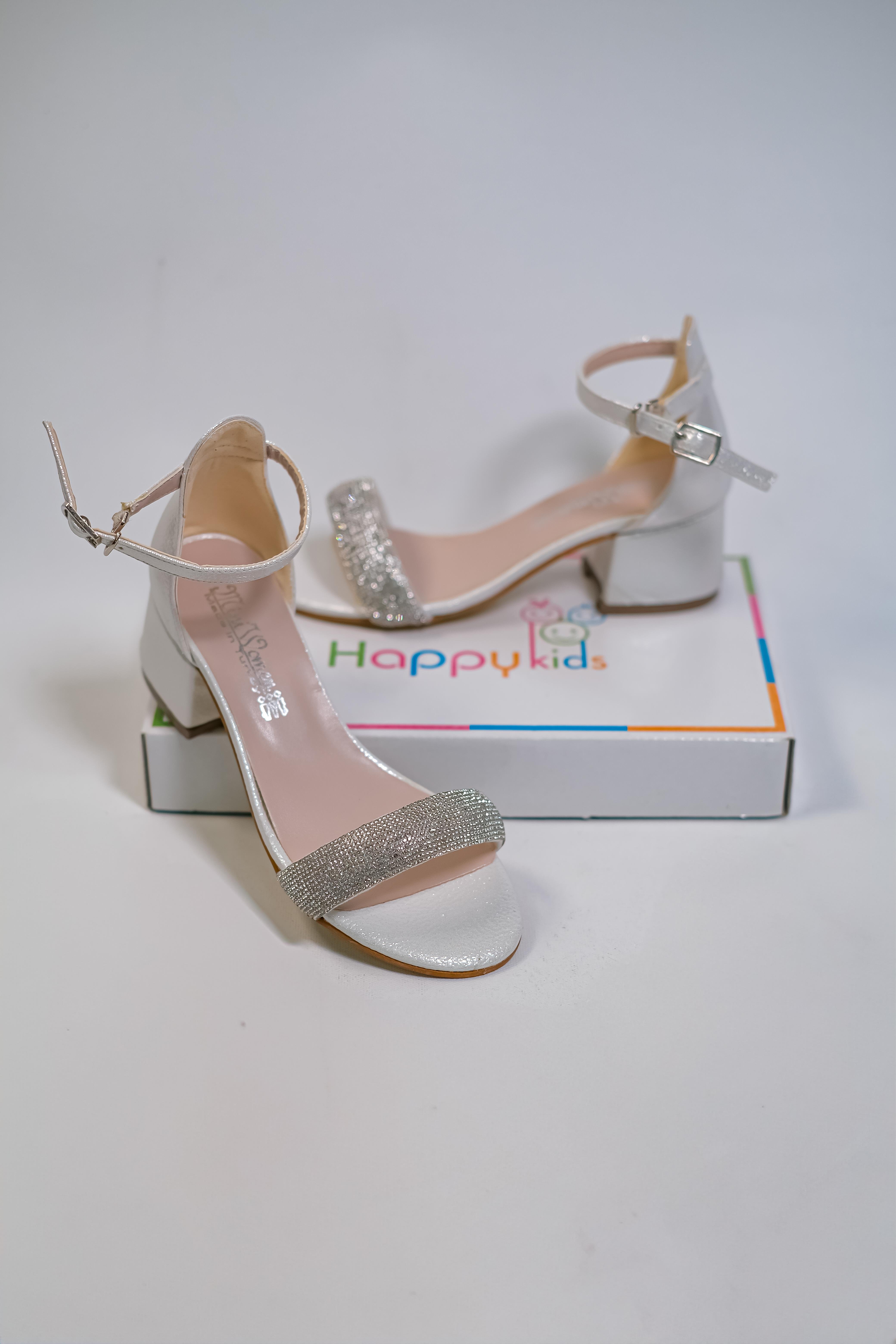 Kız Çocuk Abiye Ayakkabı Krem Sedef Rugan Tek Bantlı Taşlı Mezüniyet-Düğün Topuklu Çocuk Abiye Ayakkabı