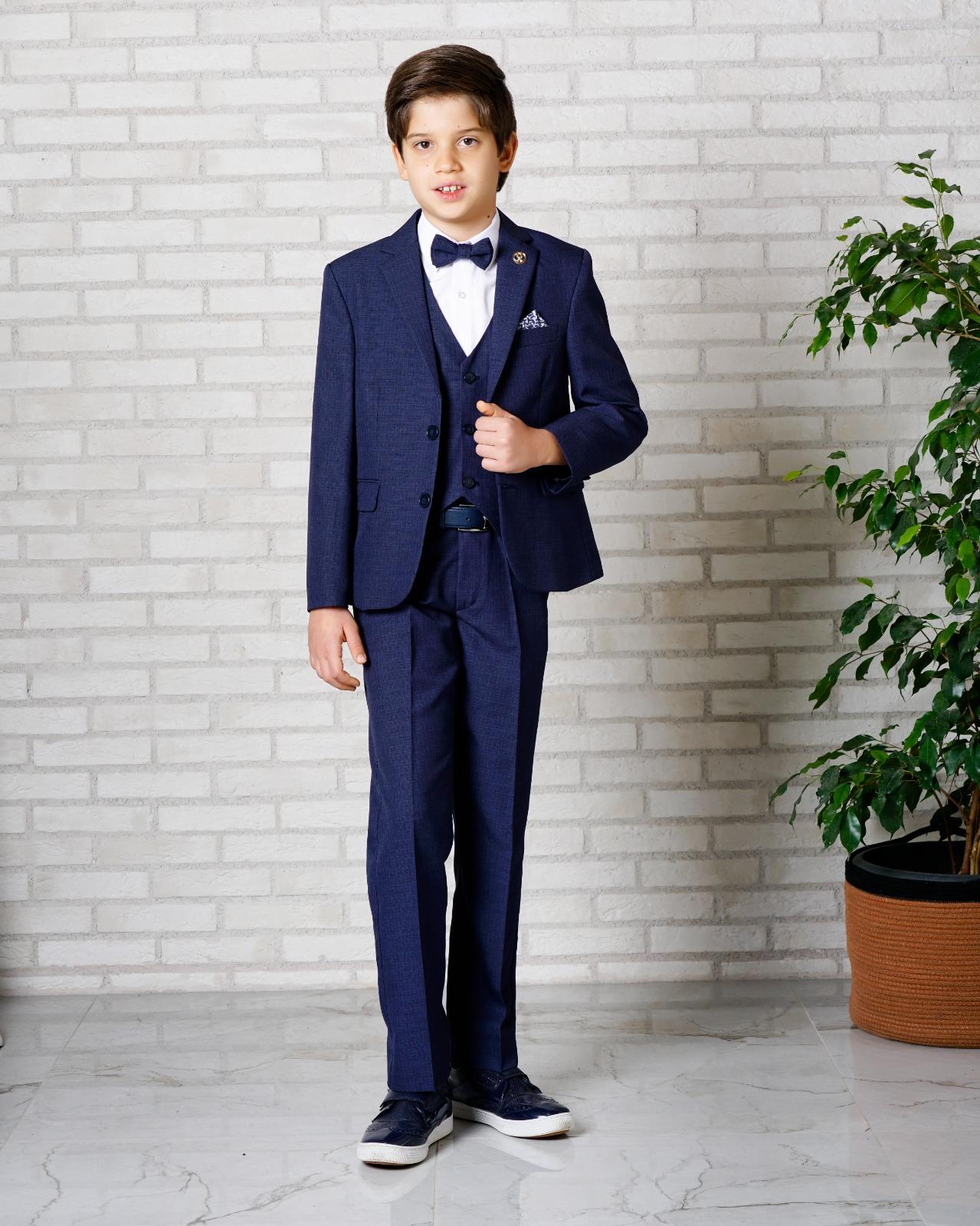 Erkek Çocuk Takım Elbise Lacivert Ceket-Yelek-Gömlek-Pantolon -Papyon 3-14 Yaş