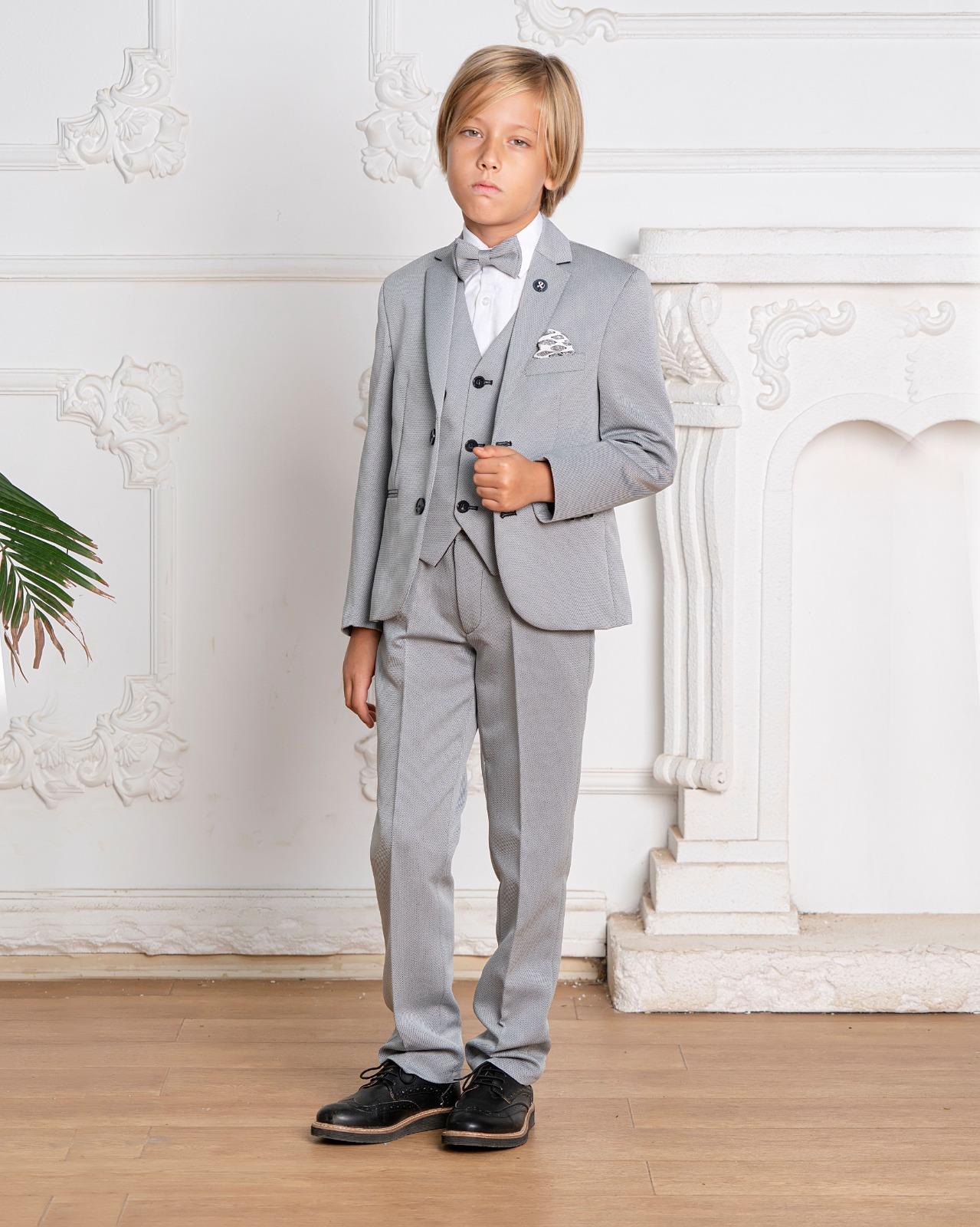 Erkek Çocuk Takım Elbise Gri 4'lü Ceket-Gömlek-Pantolon-Papyon Takım Elbise 5-12 Yaş