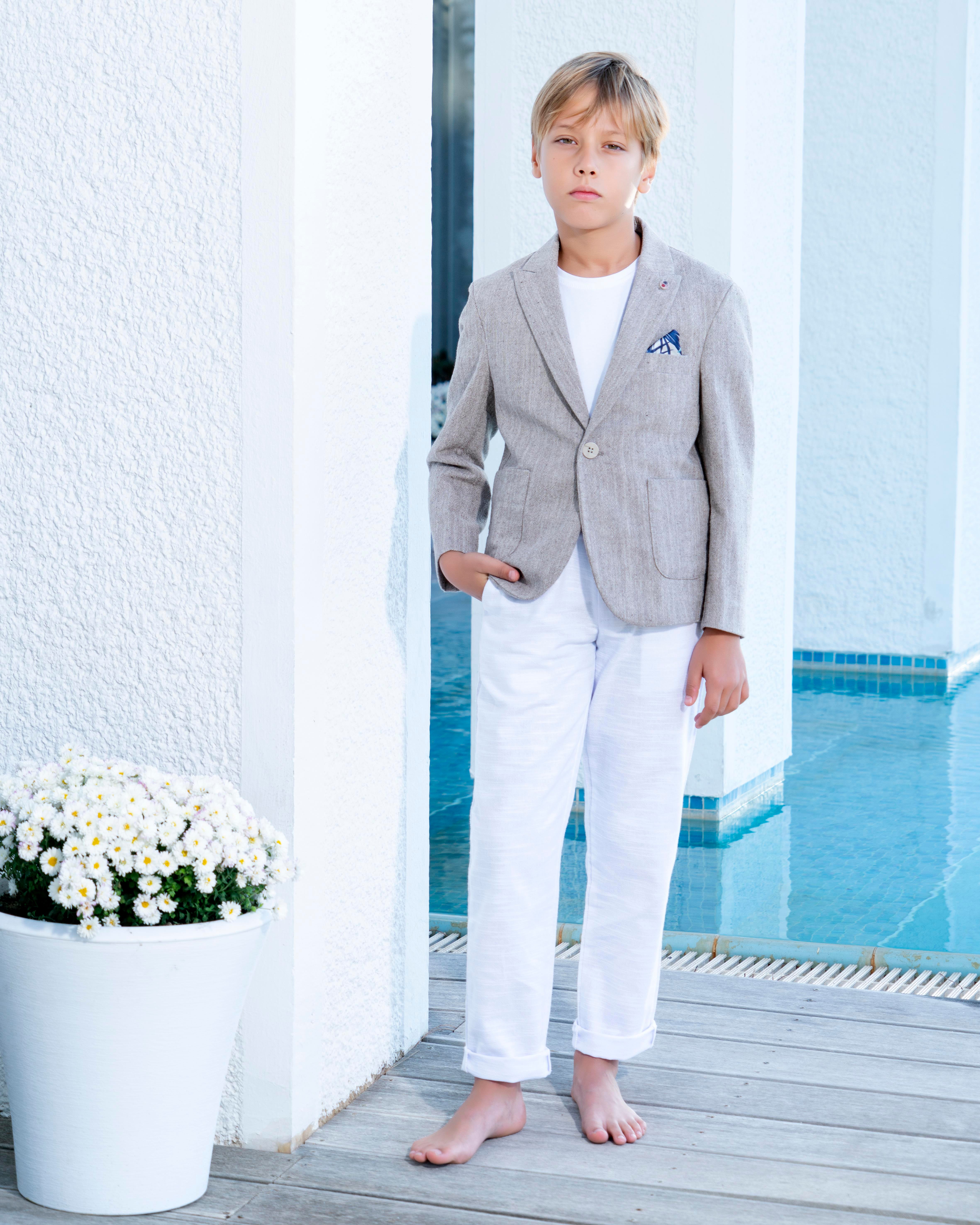 Erkek Çocuk Vizon Takım Elbise Keten Spor Takım 3-14 Yaş Ceket Pantolon Tişort 3-14 Yaş