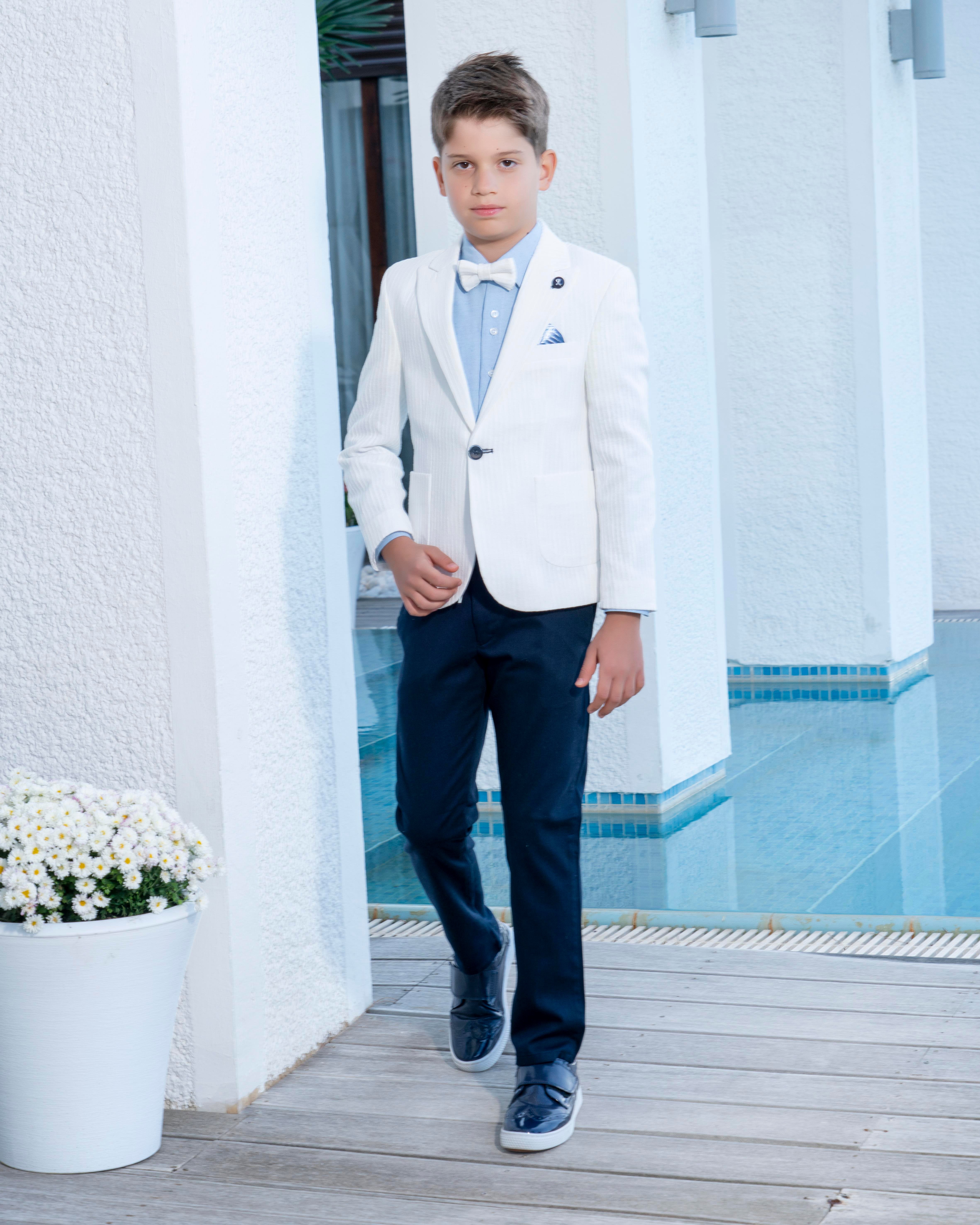 Erkek Çocuk Takım Elbise 4'lü Spor Takım Ceket-Pantolon-Gömlek-Papyon 3-14 Yaş 