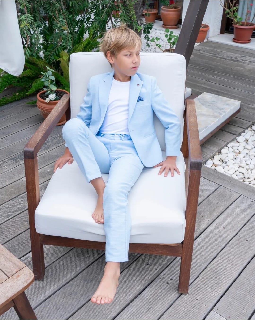 Erkek Çocuk Mavi Takım Elbise Keten Spor Takım Ceket Pantolon Tişort 3-14 Yaş