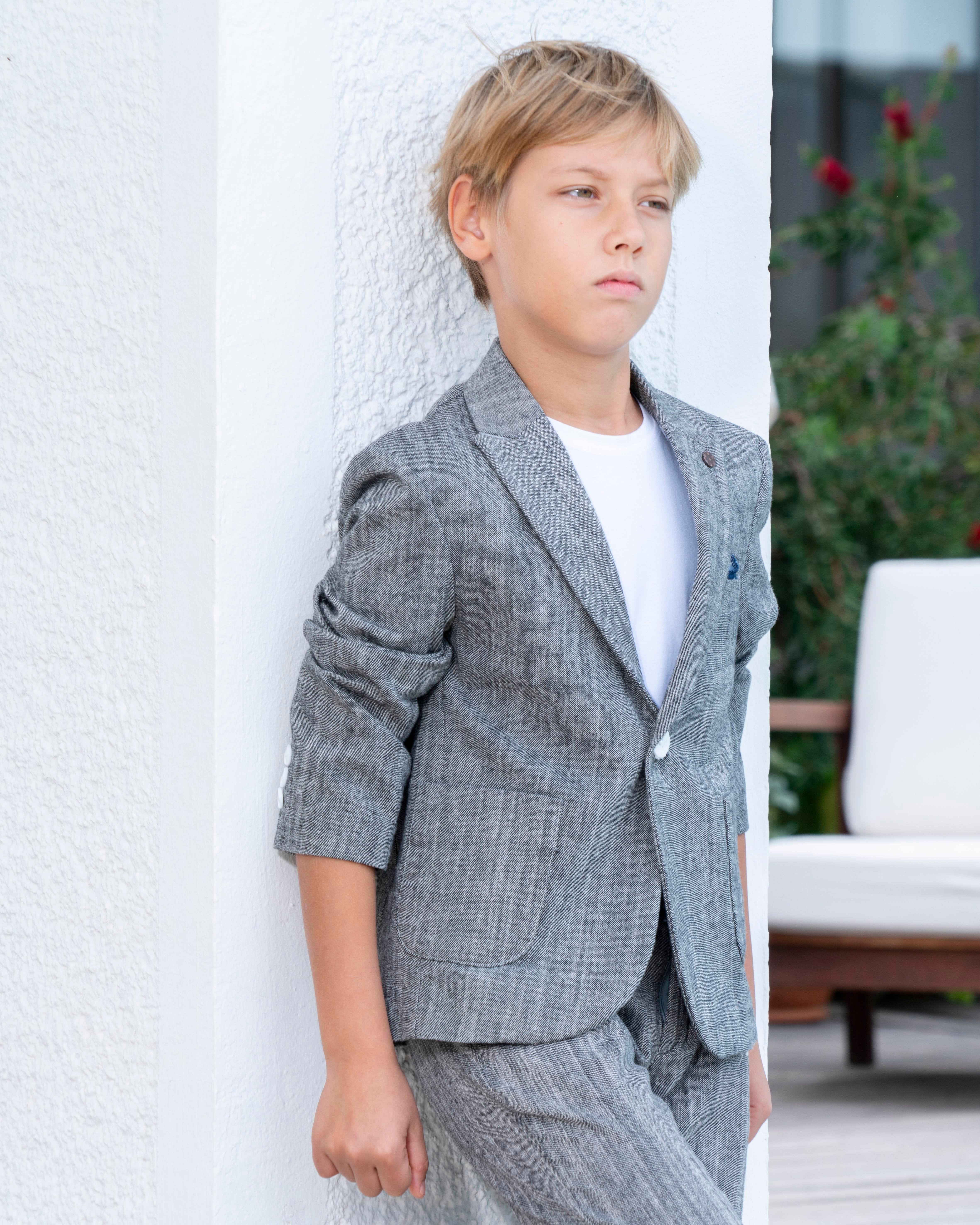 Erkek Çocuk Gri Takım Elbise Keten Spor Takım 3-14 Yaş Ceket Pantolon Tişort 3-14 Yaş