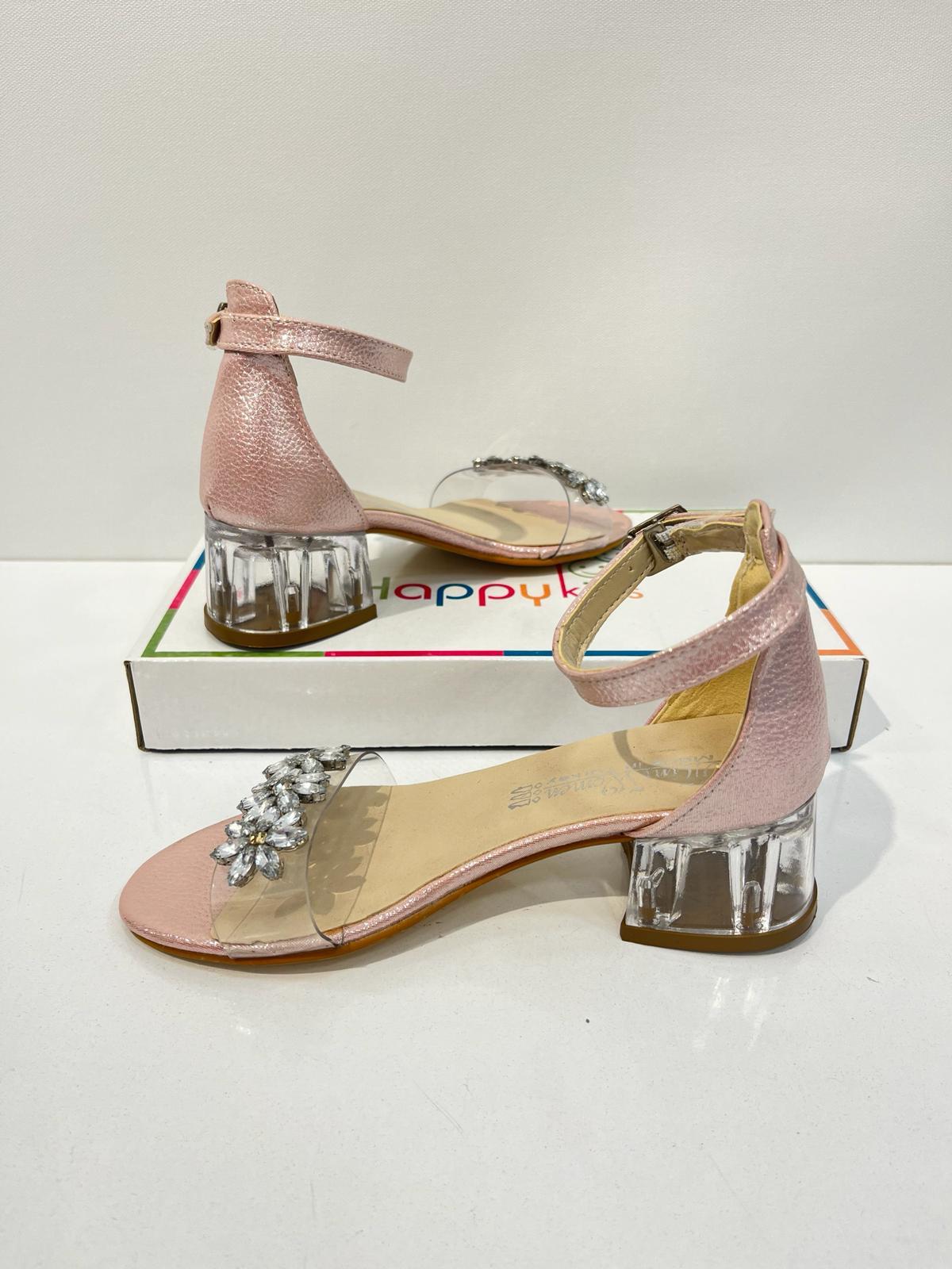 Kız Çocuk Abiye Ayakkabı  Pudra Çiçek Taş Detaylı Mezüniyet-Düğün Topuklu Çocuk Abiye Ayakkabı