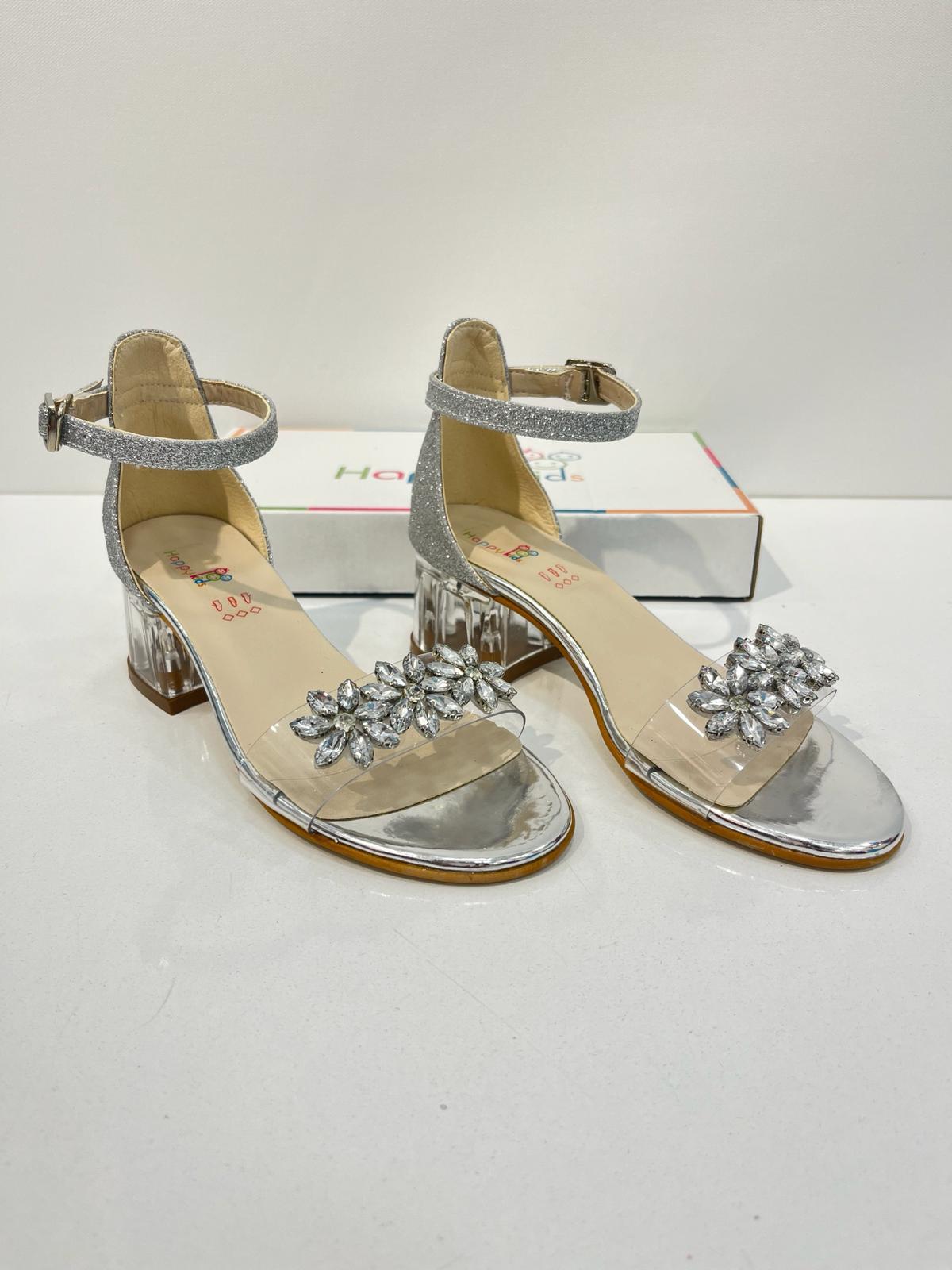 Kız Çocuk Abiye Ayakkabı  Gümüş Çiçek Taş Detaylı Mezüniyet-Düğün Topuklu Çocuk Abiye Ayakkabı