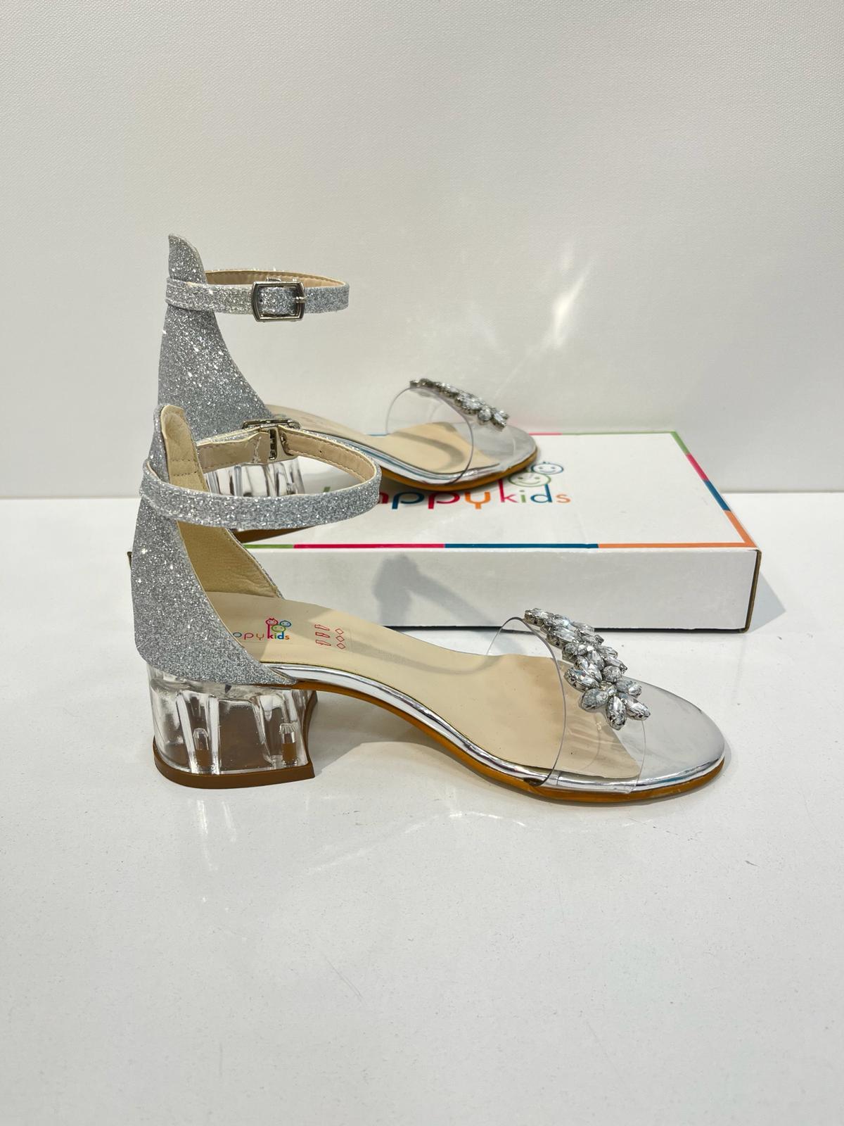 Kız Çocuk Abiye Ayakkabı  Gümüş Çiçek Taş Detaylı Mezüniyet-Düğün Topuklu Çocuk Abiye Ayakkabı