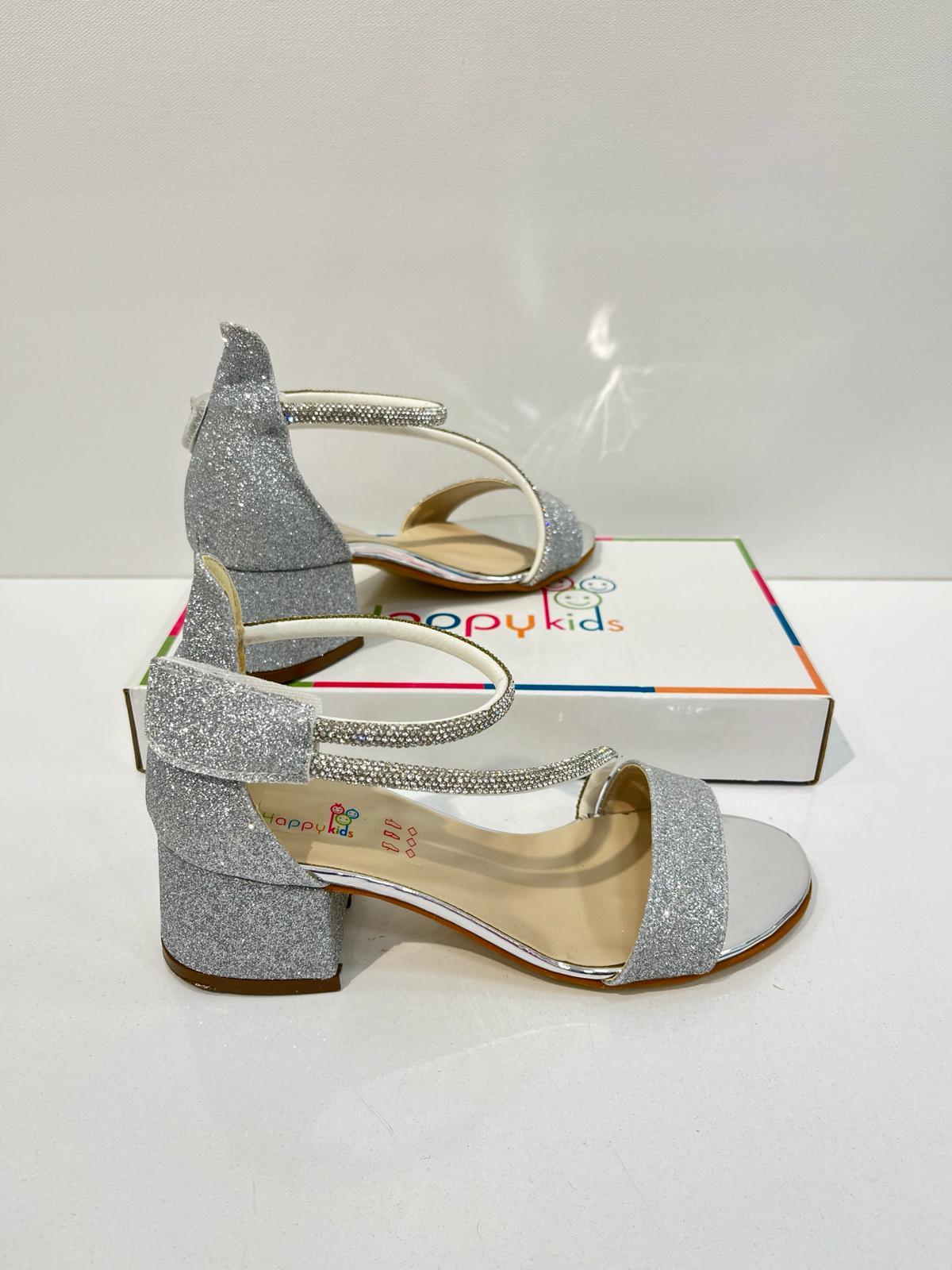 Kız Çocuk Abiye Ayakkabı Gümüş  Bilekten Kordonlu Mezüniyet-Düğün  Topuklu Kız Çocuk Abiye Ayakkabı