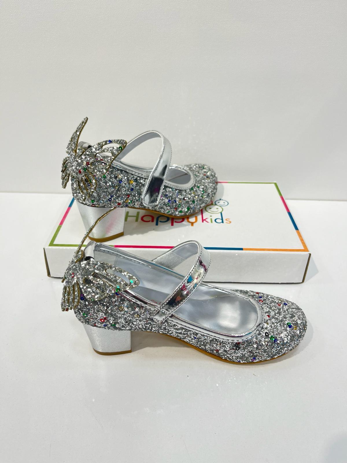 Kız Çocuk Abiye Ayakkabı Gümüş Kelebekli Pırıltılı Parti -Doğum Günü  Topuklu Kız Çocuk Ayakkabı