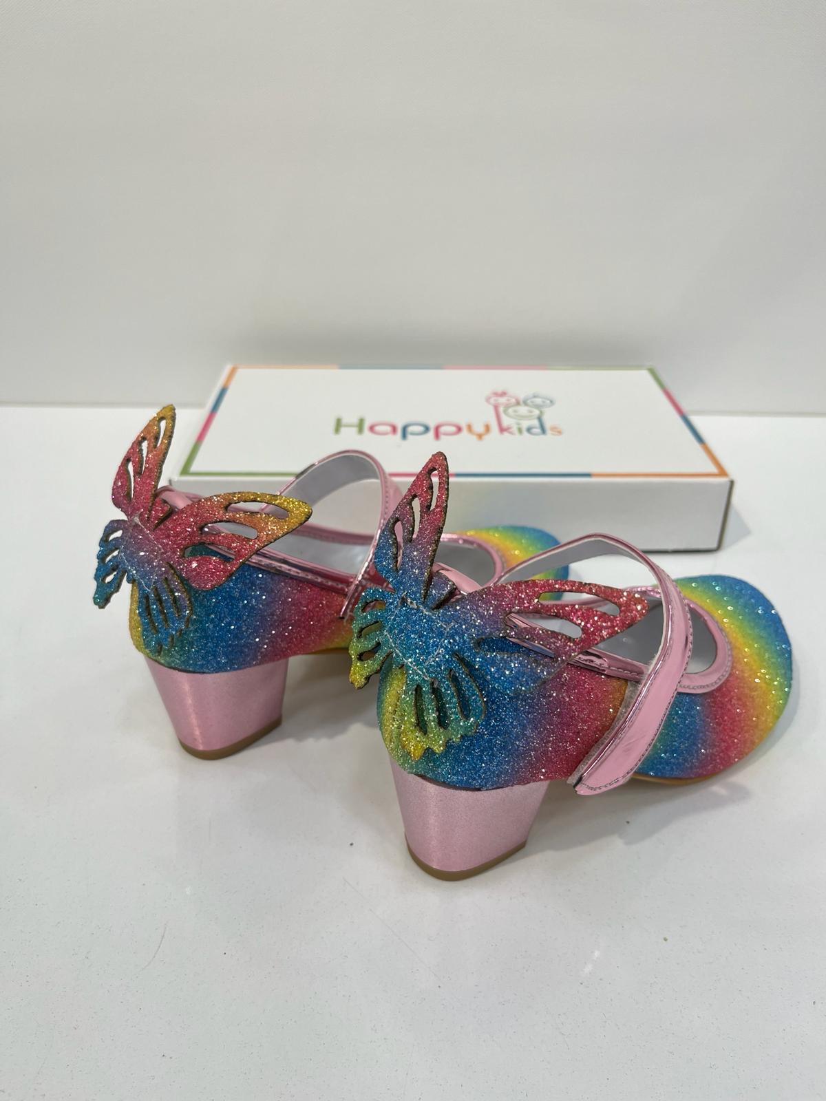 Kız Çocuk Gökkuşağı Renkli Kapalı Kelebekli Parlak  Çocuk Abiye Ayakkabı 26-36 no 