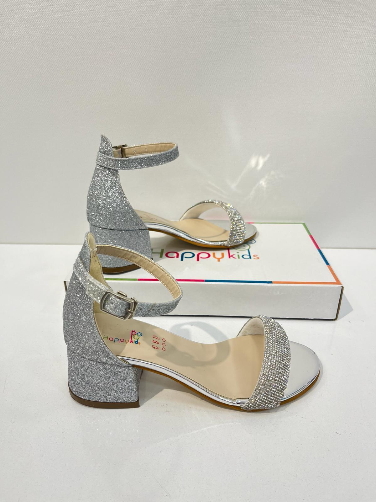 Kız Çocuk Abiye Ayakkabı Gümüş Rugan Tek  Bantlı Taşlı Mezüniyet-Düğün Topuklu  Çocuk Abiye Ayakkabı