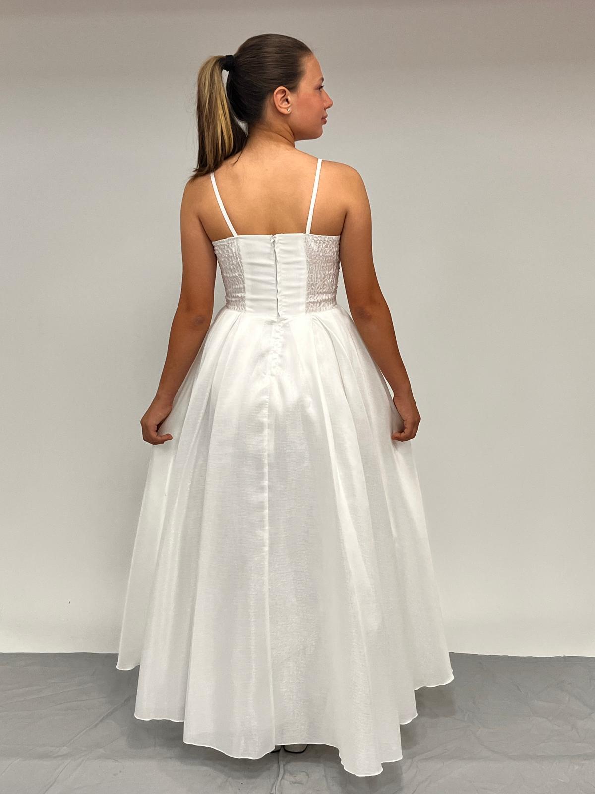 Kız Çocuk Abiye Krem Tafta Uzun Pül  Payet İşlemeli Biyeli Korseli Abiye Elbise 10-15 Yaş