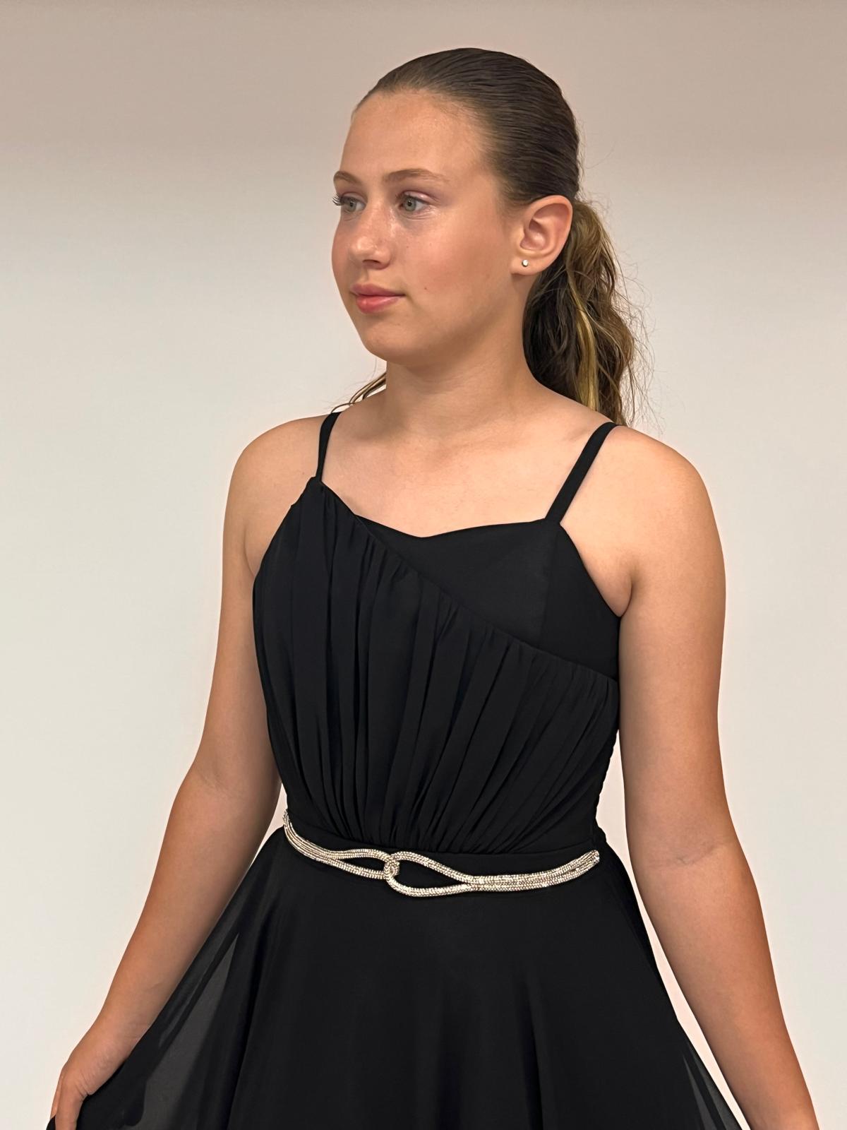 Kız Çocuk Abiye Askılı Siyah  Şifon Drape ve Taş Detaylı  Abiye Elbise 10-15 Yaş