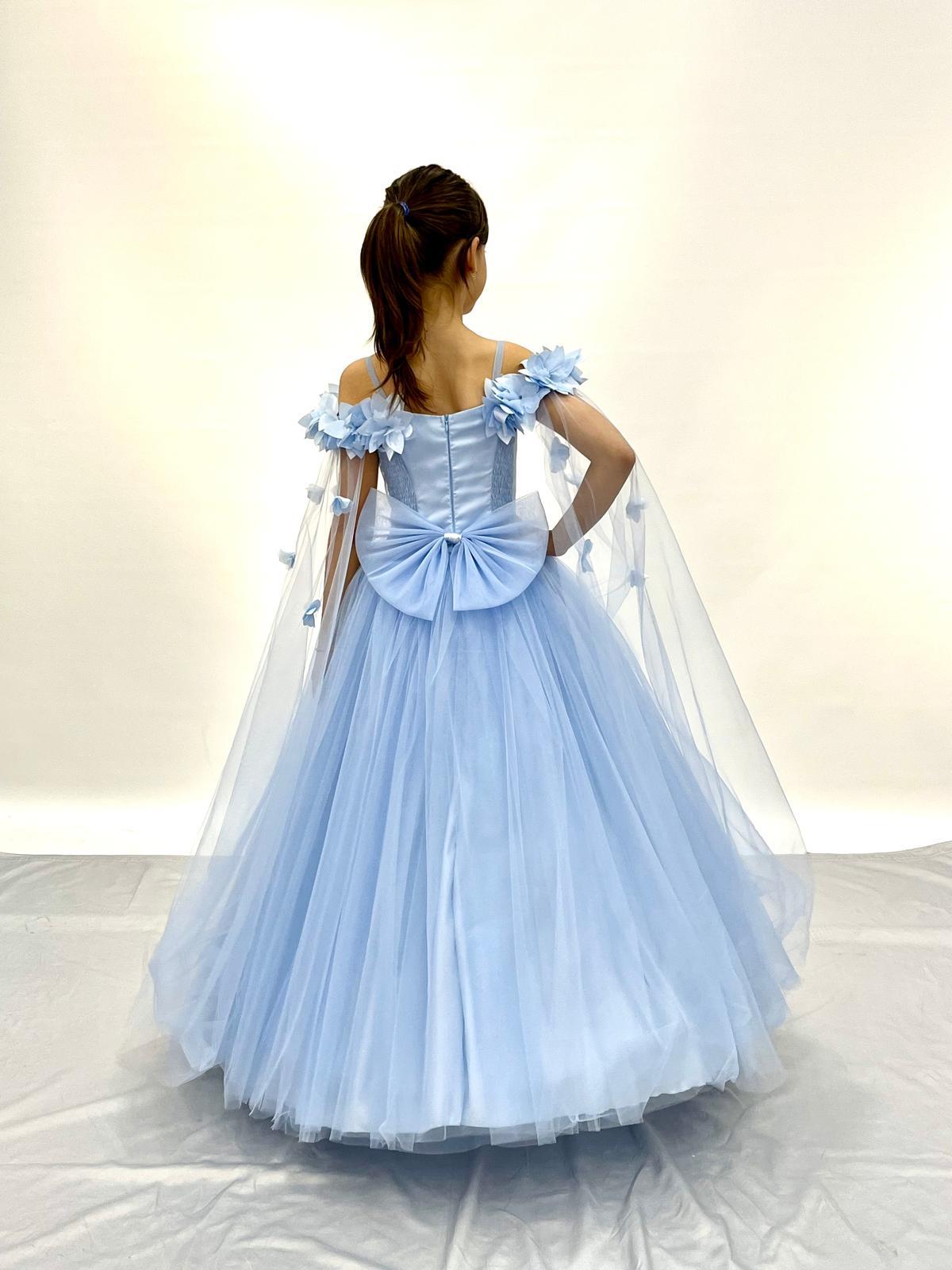 Kız Çocuk Abiye Mavi Kolları Çiçekli Kasnaklı Çocuk Gelinlik 2-11 Yaş