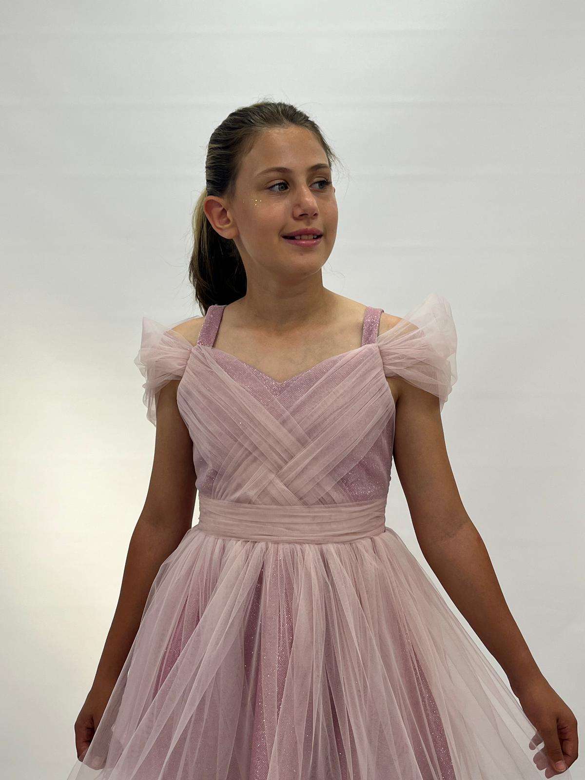 Kız Çocuk Abiye Pudra Askılı Düşük Kollu Kuyruklu Abiye Elbise 10-14 Yaş Yaş