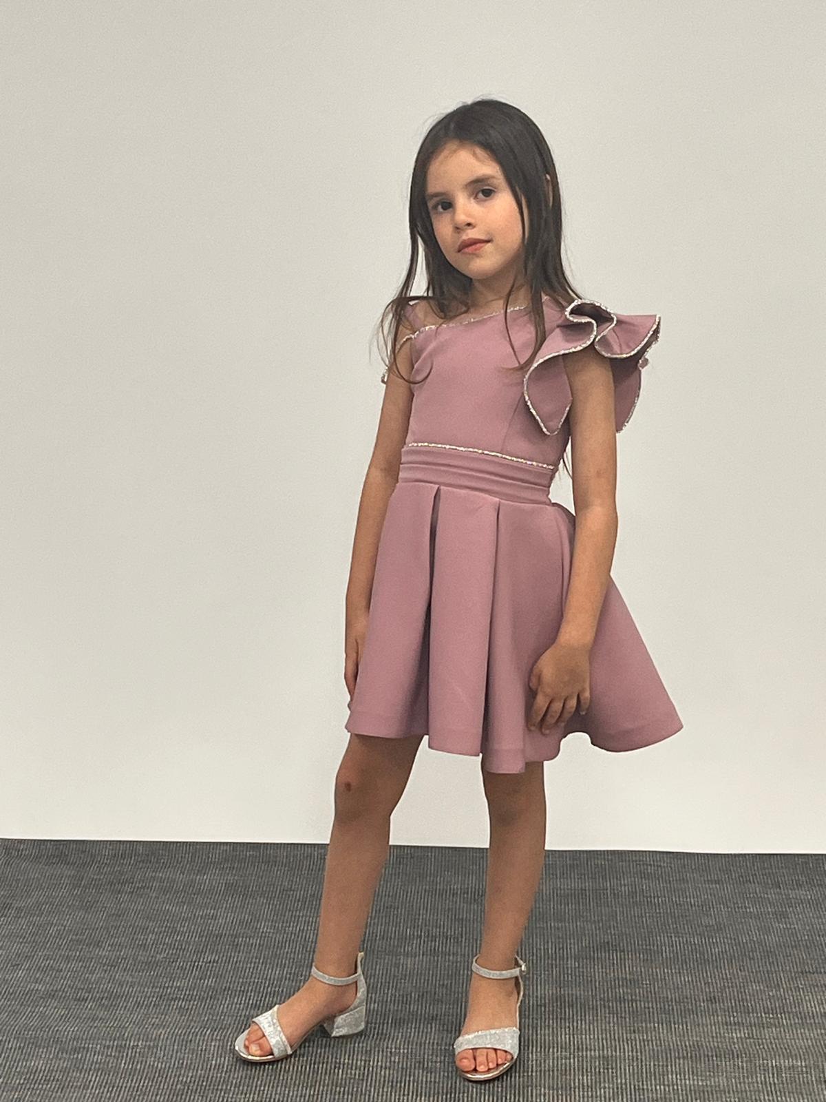 Kız Çocuk Abiye Lila Kısa Omuz Detaylı Krep Kumaş Abiye Elbise 5-10 Yaş